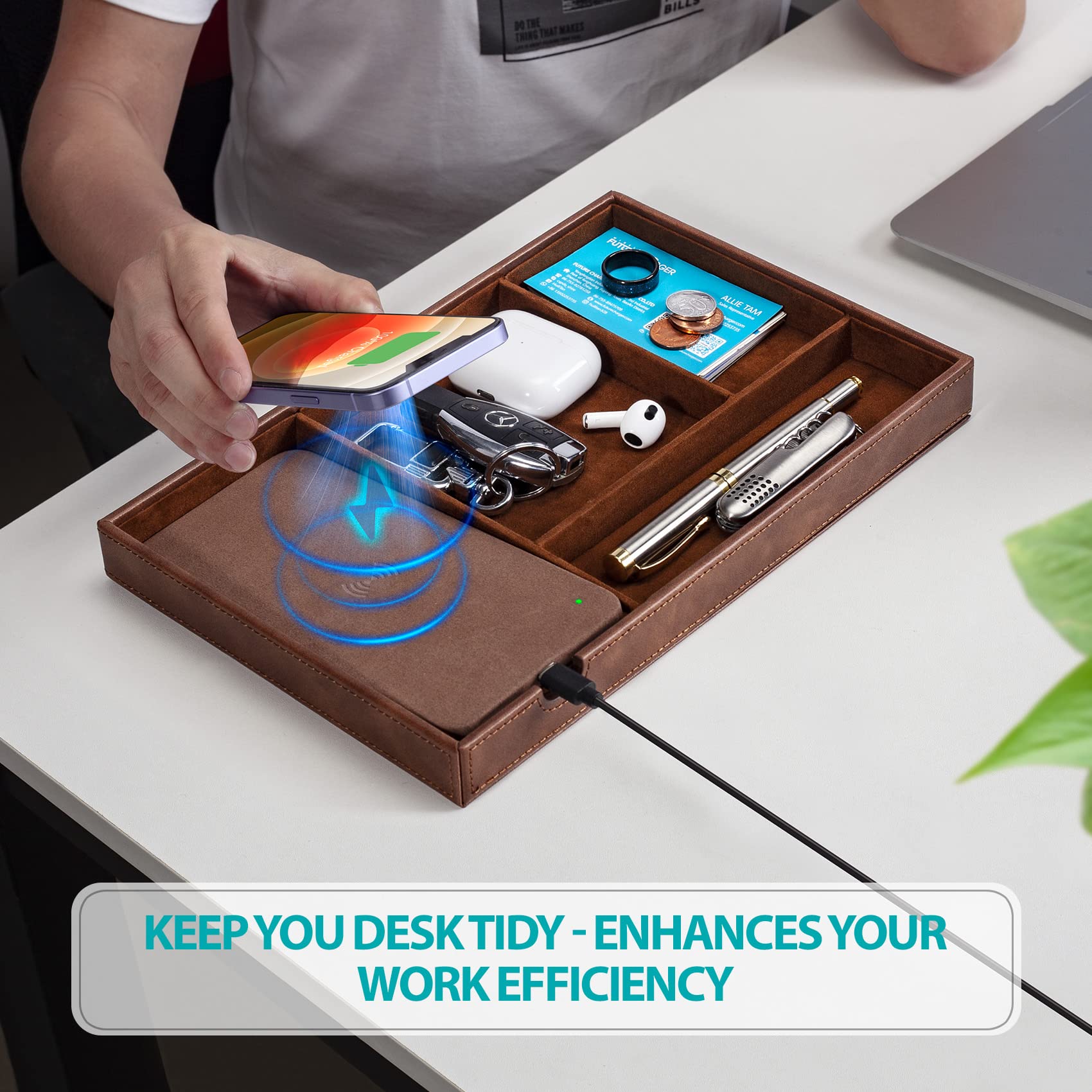 Wireless Charging Valet Tray - Genuine Faux Leather Nightstand Organizer for Men | Catch All Tray for Keys, Wallet, Watch, Coins & Phone | Perfect for Entryway, Bedside Table & Office Desk (Brown)