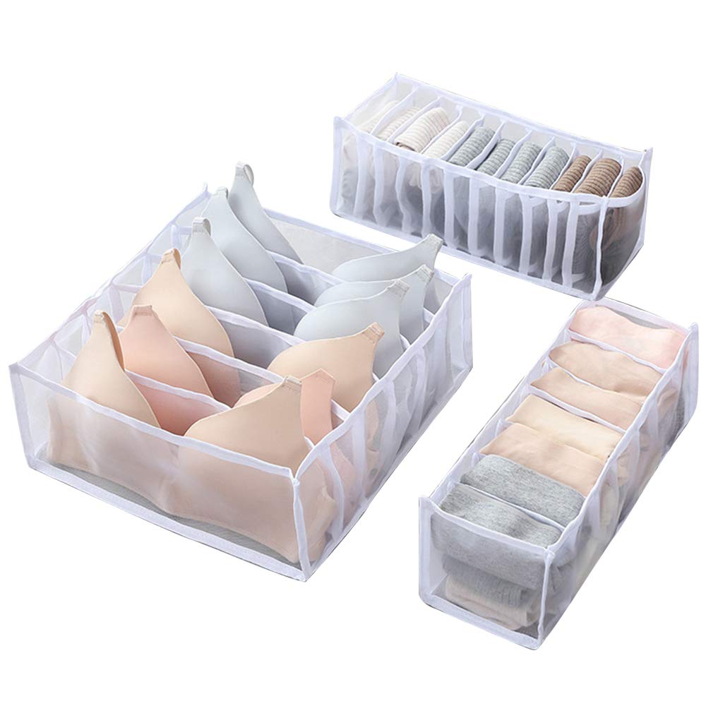 Foldable Underwear Drawer Organizer 3-Pack - 6/7/11 Cell Closet Storage Box for Socks, Bras, Ties & Accessories | Space-Saving Home Organization Solution for Bedroom & Closet (White)