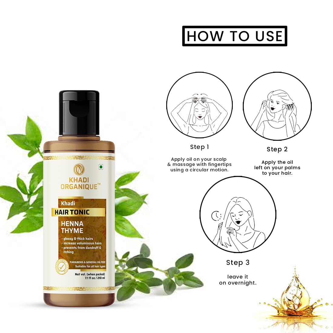 Khadi Organique Henna & Thyme Natural Hair Tonic - Paraben & Mineral Oil Free (1 Pack) | Promotes Hair Growth & Scalp Health for All Hair Types