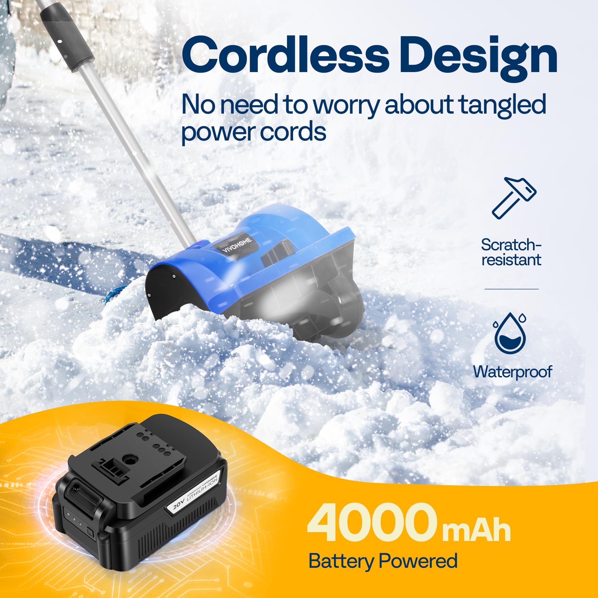 VIVOHOME 20V Cordless Electric Snow Shovel - 12 Inch Battery Powered Snow Blower with Adjustable Front Handle, 3 Throwing Directions, 4.0Ah Battery & Charger Included - Perfect for Driveways, Sidewalks & Small Areas