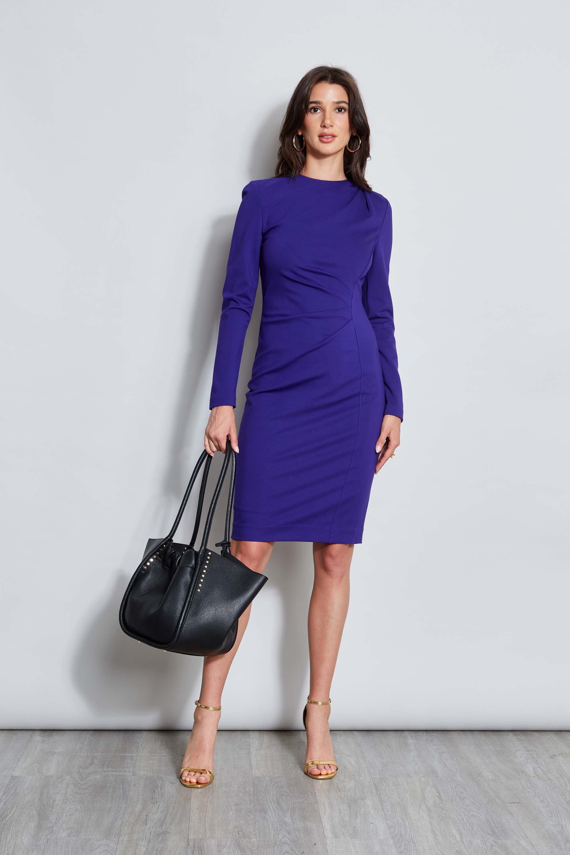 Elegant Ruched Long Sleeve Knit Dress for Women - Stretchy Bodycon Midi Dress for Office, Party & Date Night