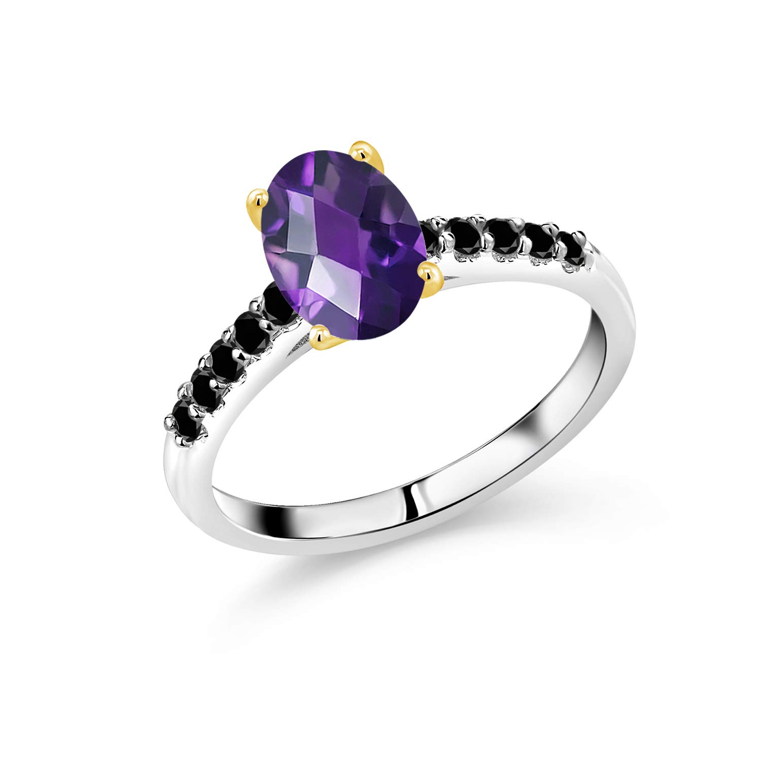 1.83 Ct Oval Checkerboard Purple Amethyst & Black Diamond Ring in 10K White Gold with Yellow Gold Prongs | Gem Stone King | Elegant Jewelry for Weddings, Anniversaries & Special Occasions