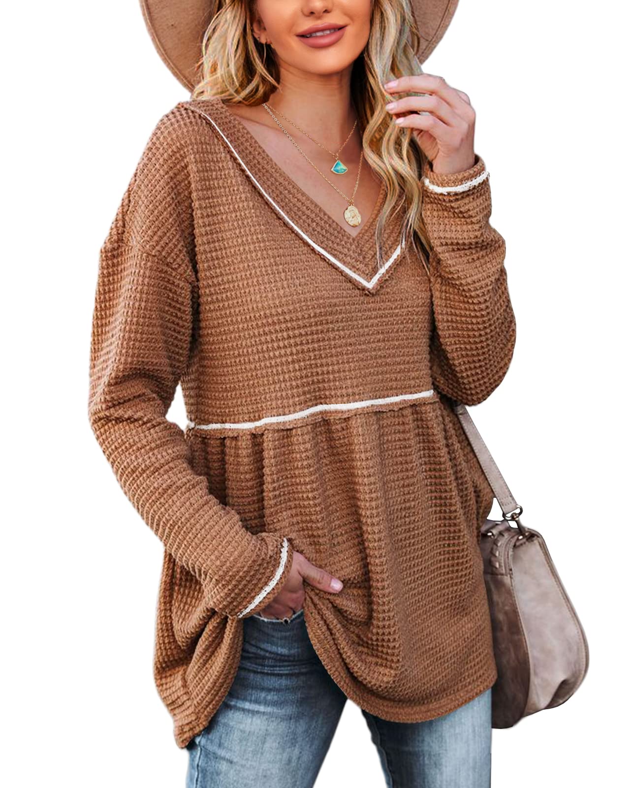 Women's V-Neck Waffle Knit Tunic Top Long Sleeve Peplum Pullover Sweater - Casual Flowy Babydoll Swing Shirt for Work, Date Night & Everyday Wear
