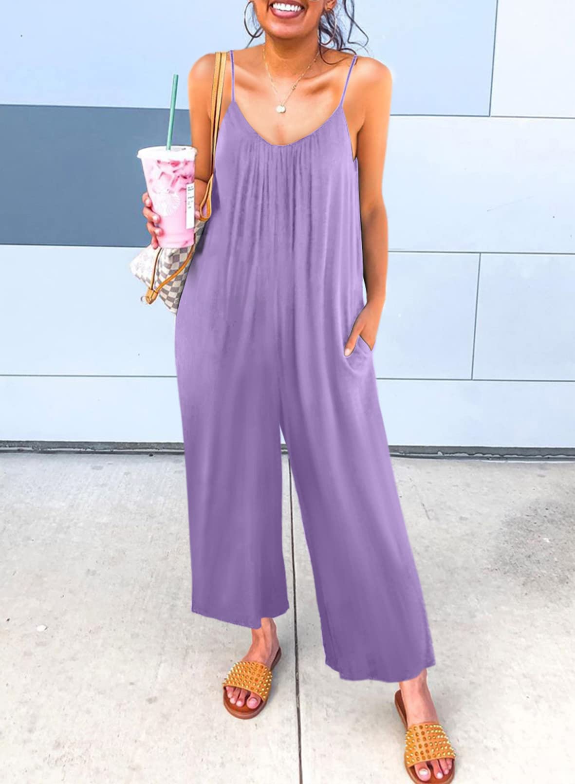 Dokotoo Women's Sleeveless Jumpsuit - Adjustable Spaghetti Strap, Stretchy Loose Fit Romper with Pockets | Casual Summer Outfit, Beach Cover Up, Vacation Wear