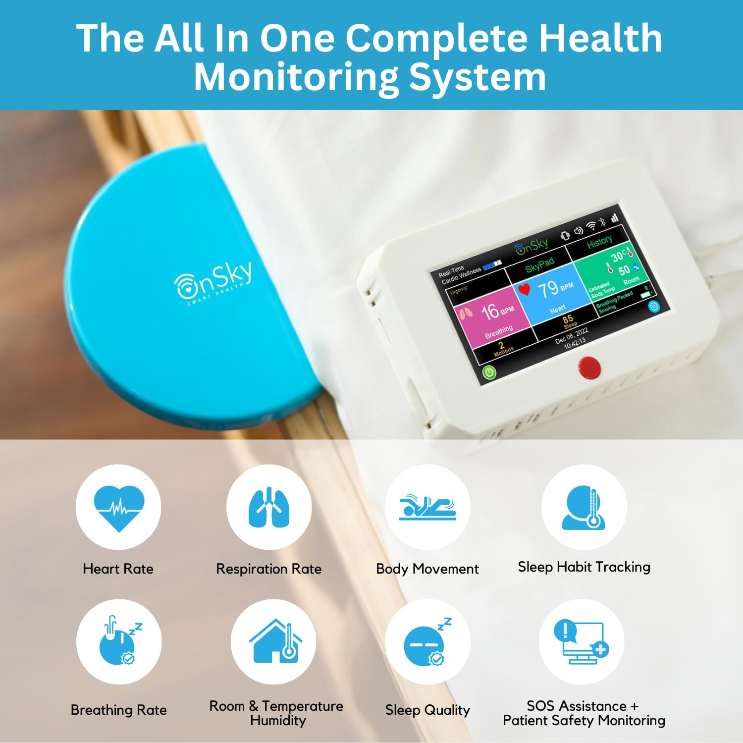 OnSky SkyPad Contactless Heart Rate & Breathing Monitor for Seniors & Home Care - Track Vital Signs, Movement & Sleep - Wireless Health Monitoring with Touchscreen Display & Urgency Alerts - Ideal for Elderly Care, Remote Patient Monitoring & Home Wellness