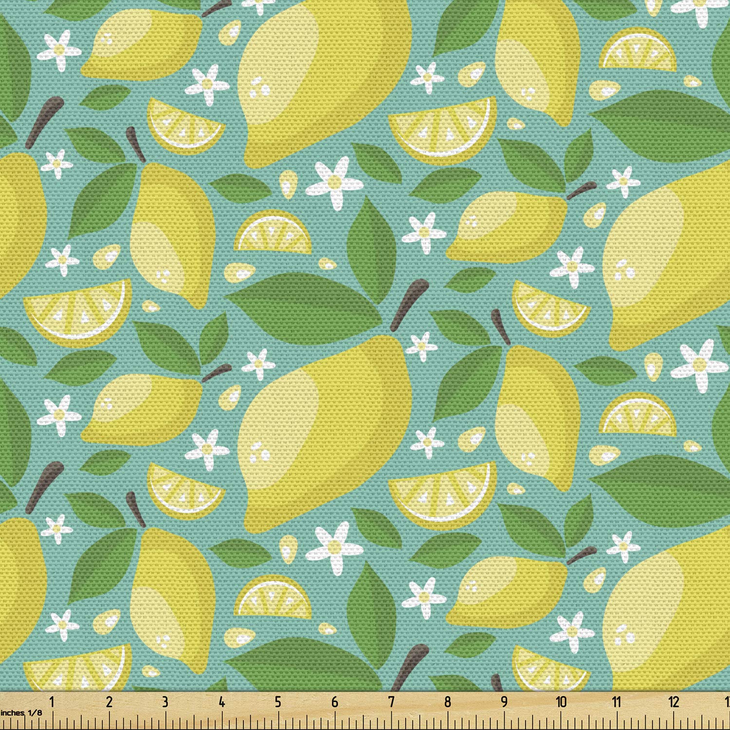 Ambesonne Floral Fabric by The Yard - Cartoon Style Lemon Leaves & Blooming Flowers Summer Garden Print - 10 Yards Seafoam Green & Yellow Upholstery Fabric for Sofa, Curtains, Pillows & Home Decor | Perfect for DIY Projects, Nursery Decor & Coastal Themed Rooms