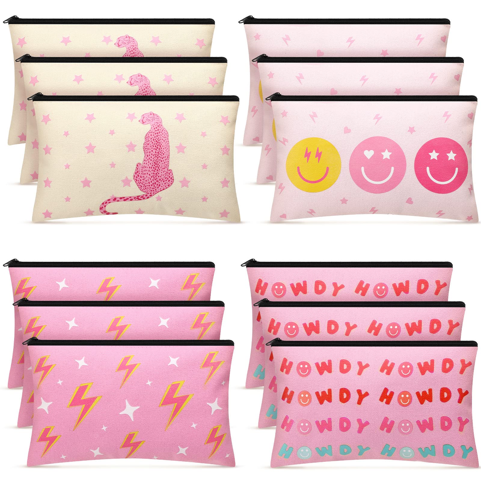 12 Pack Pink Preppy Makeup Bags | Cute Smile Leopard Toiletry Pouches | Travel Cosmetic Organizer for Women | Perfect Spring Gift & Travel Accessories | Great for College, Gym & Vacation Essentials