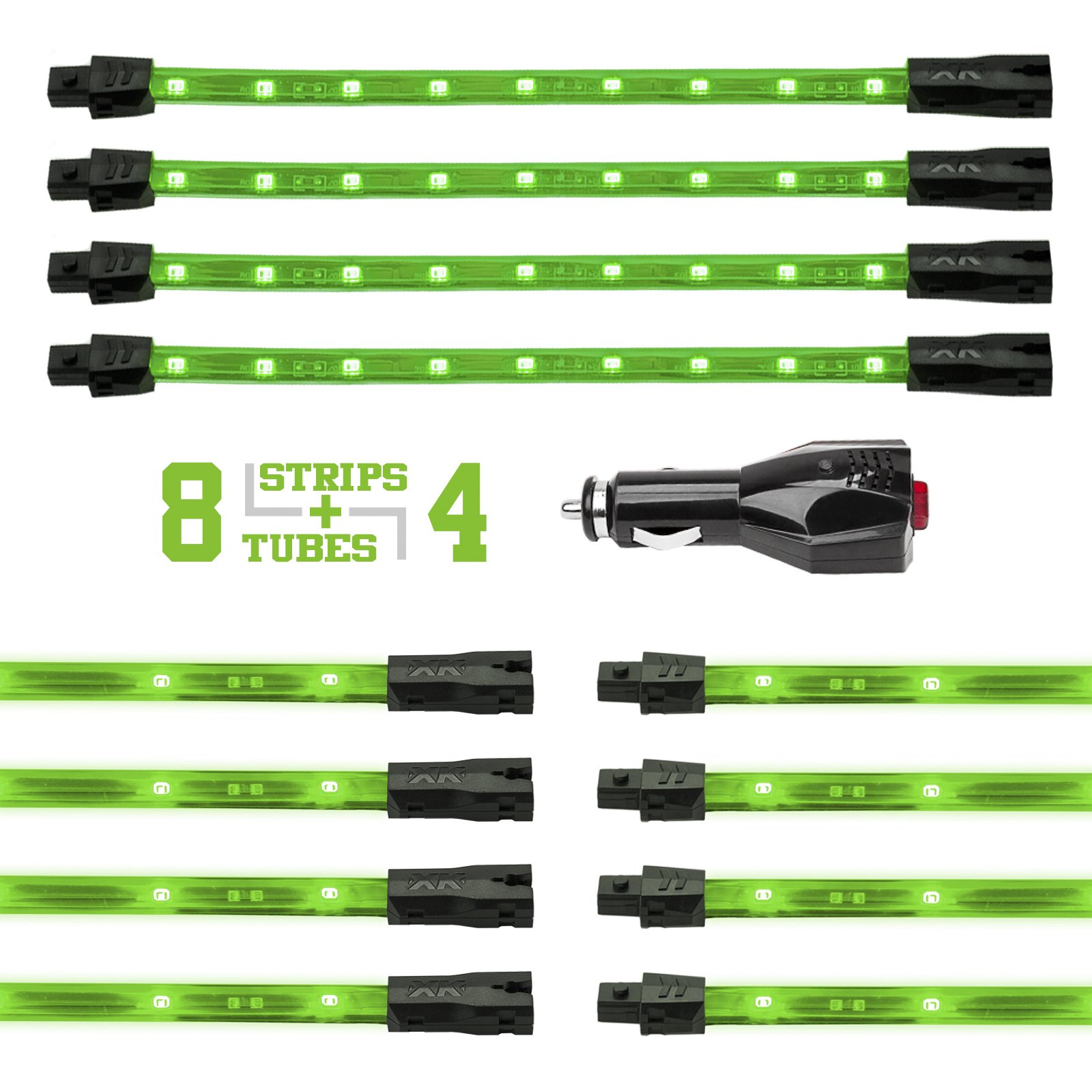 8pcs Green Premium LED Tubes + 4pcs Flex Strips Car Underglow Kit with 3-Mode Interior Neon Accent Lights - Waterproof, Ultra Bright, Plug & Play for Full Vehicle Coverage - Perfect for Car Shows, Night Driving & Custom Automotive Lighting
