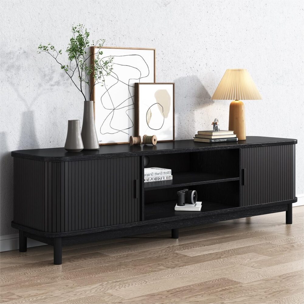 160cm Ribbed Black TV Stand with Storage - Modern Entertainment Center for Living Room, Bedroom & Home Theater