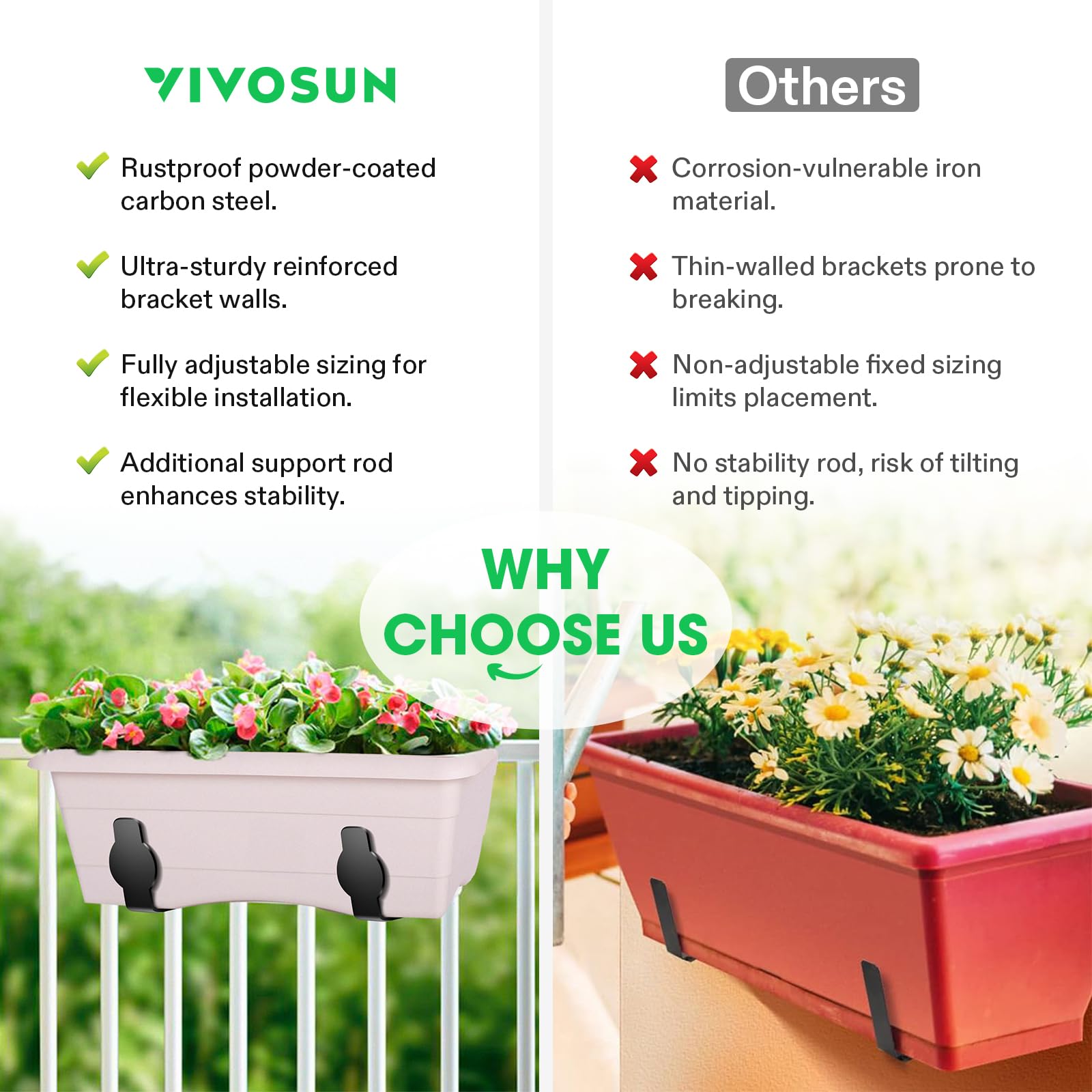 VIVOSUN Adjustable Planter Box Brackets - Heavy Duty Carbon Steel Flower Box Holders for Railings, Fences, Walls & Window Sills - Universal Fit (2-Pack) - Perfect for Balcony Gardens, Window Decor & Outdoor Plant Displays