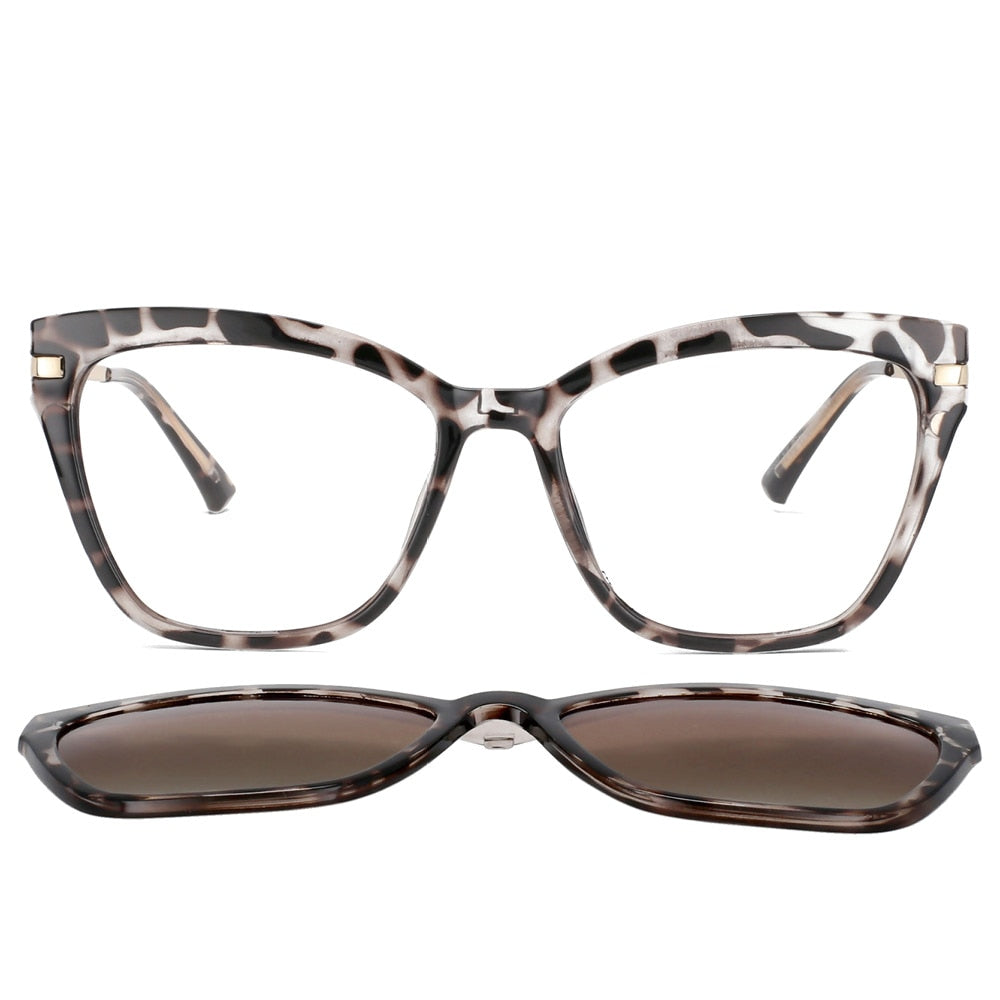 CCspace Unisex Full Rim Square Cat Eye Titanium Eyeglasses with Clip-On Sunglasses - Lightweight Durable Frame for Men & Women - Perfect for Reading, Driving, and Outdoor Activities