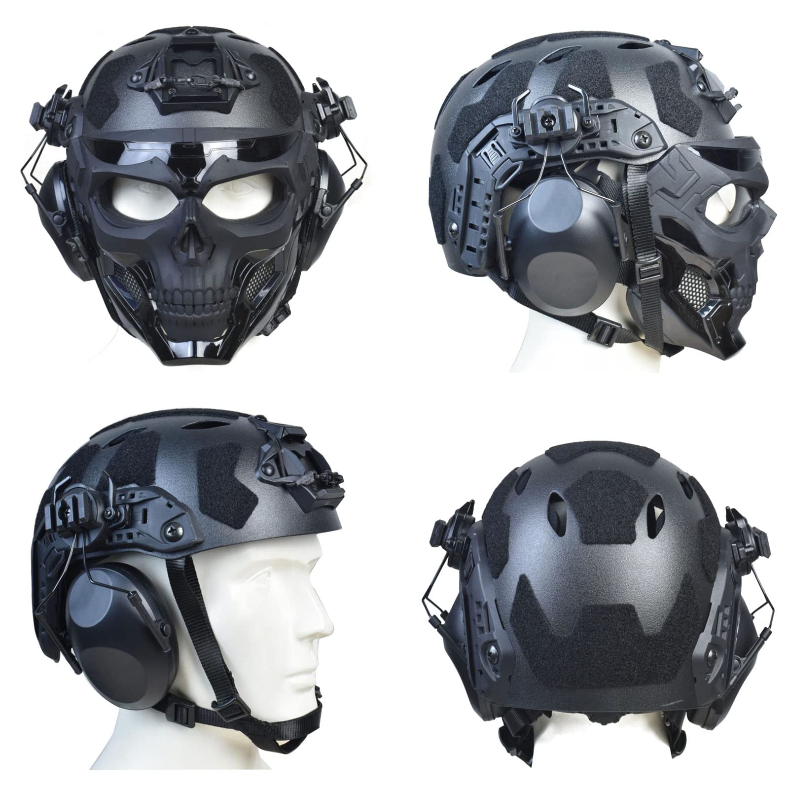 Tactical Full Airsoft Mask & Helmet Set with Noise Cancelling Headset - Full Face Skull Mask with Clear Goggles for Paintball, Airsoft & Military Training - Perfect for Outdoor Sports, Combat Games & Tactical Protection