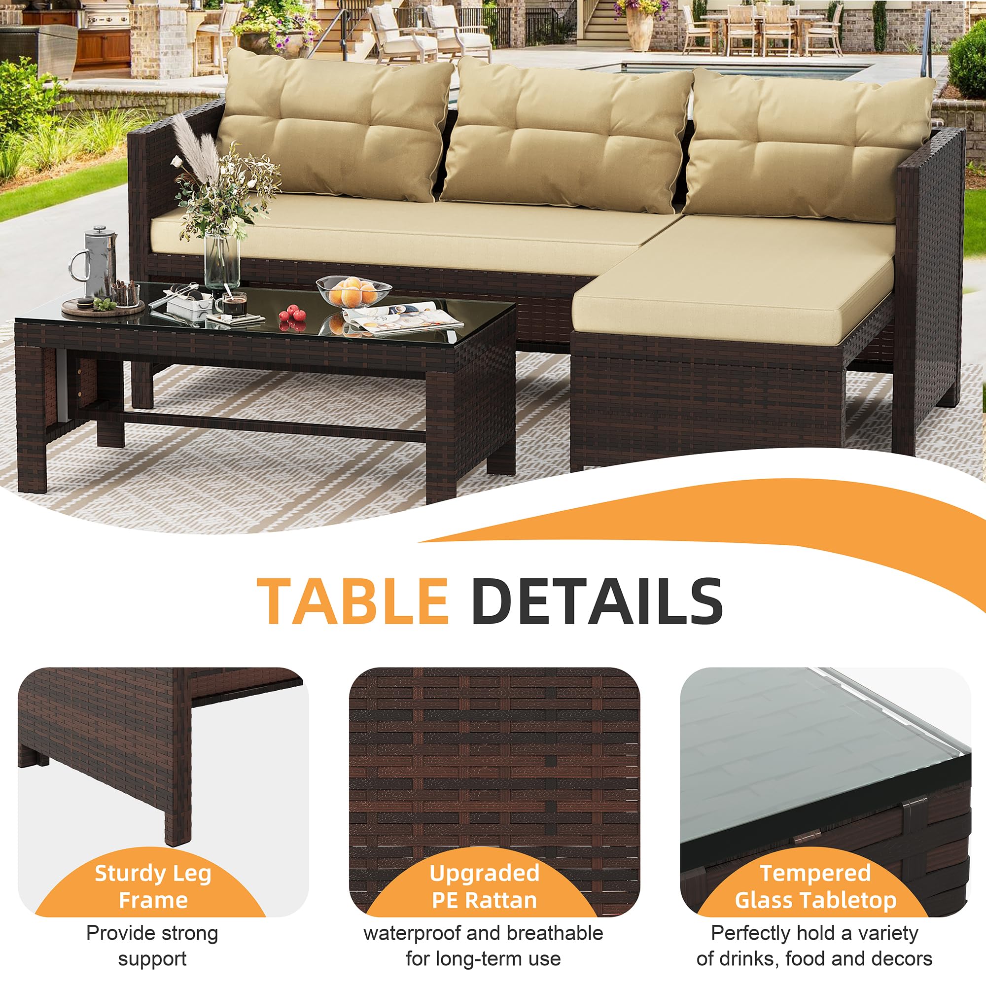 Shintenchi 3-Piece All-Weather Wicker Patio Furniture Set with Cushions & Glass Coffee Table - Outdoor Sectional Sofa for Garden, Poolside & Backyard (Khaki)