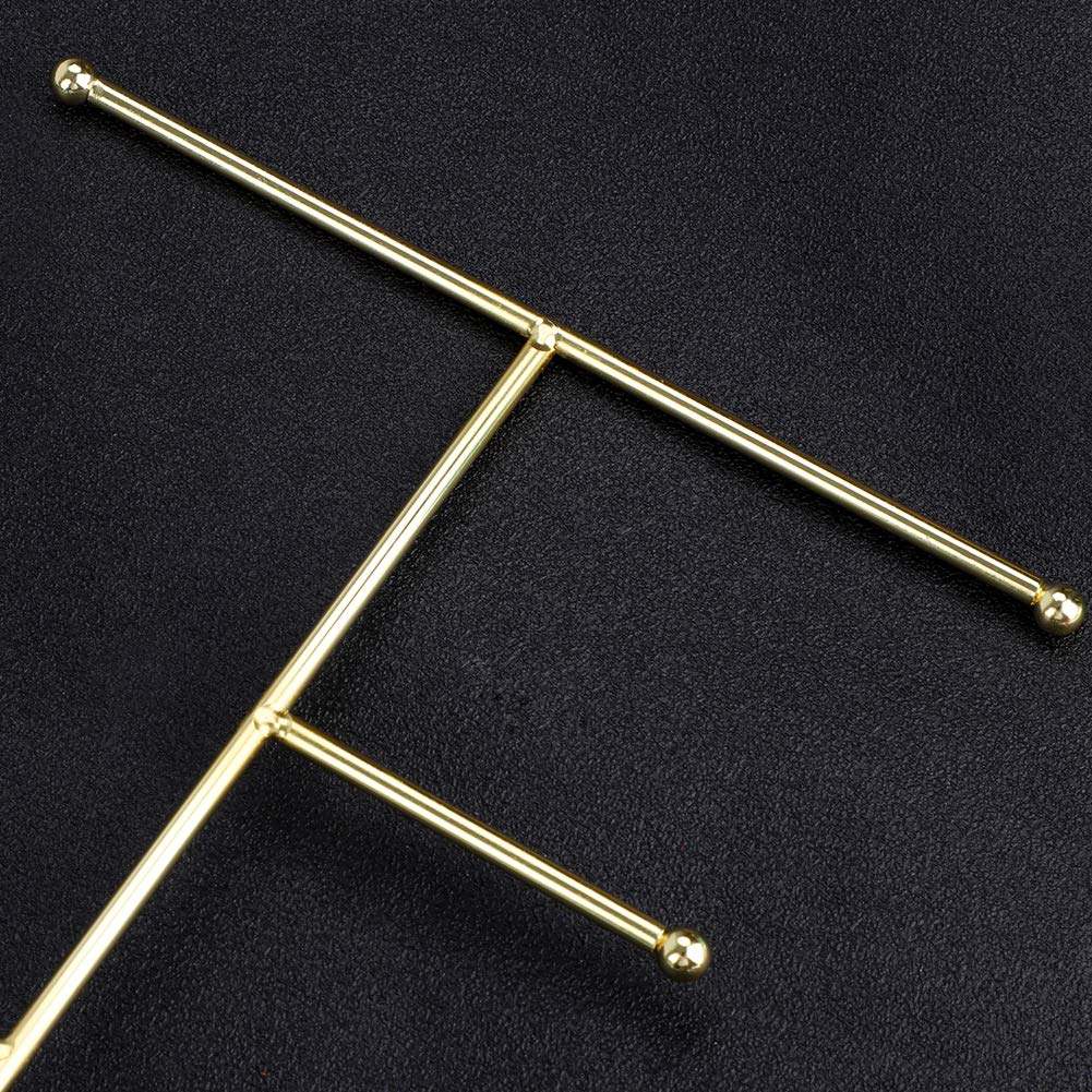 Metal T-Bar Jewelry Organizer Stand - Necklace Display & Earrings Holder with Marble Pattern Round Tray for Bracelets, Rings, Watches - Perfect for Home Decor & Boutique Store Display (Gold)