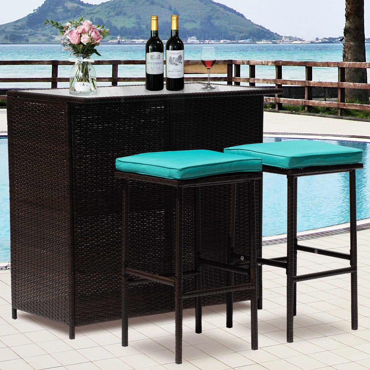 3-Piece Outdoor Wicker Bar Set - All-Weather Rattan Bar Table with 2 Stools, Glass Top & Thick Cushions - Patio, Backyard, Porch, Garden & Poolside Furniture - Perfect for Outdoor Entertaining & Relaxing (Blue)