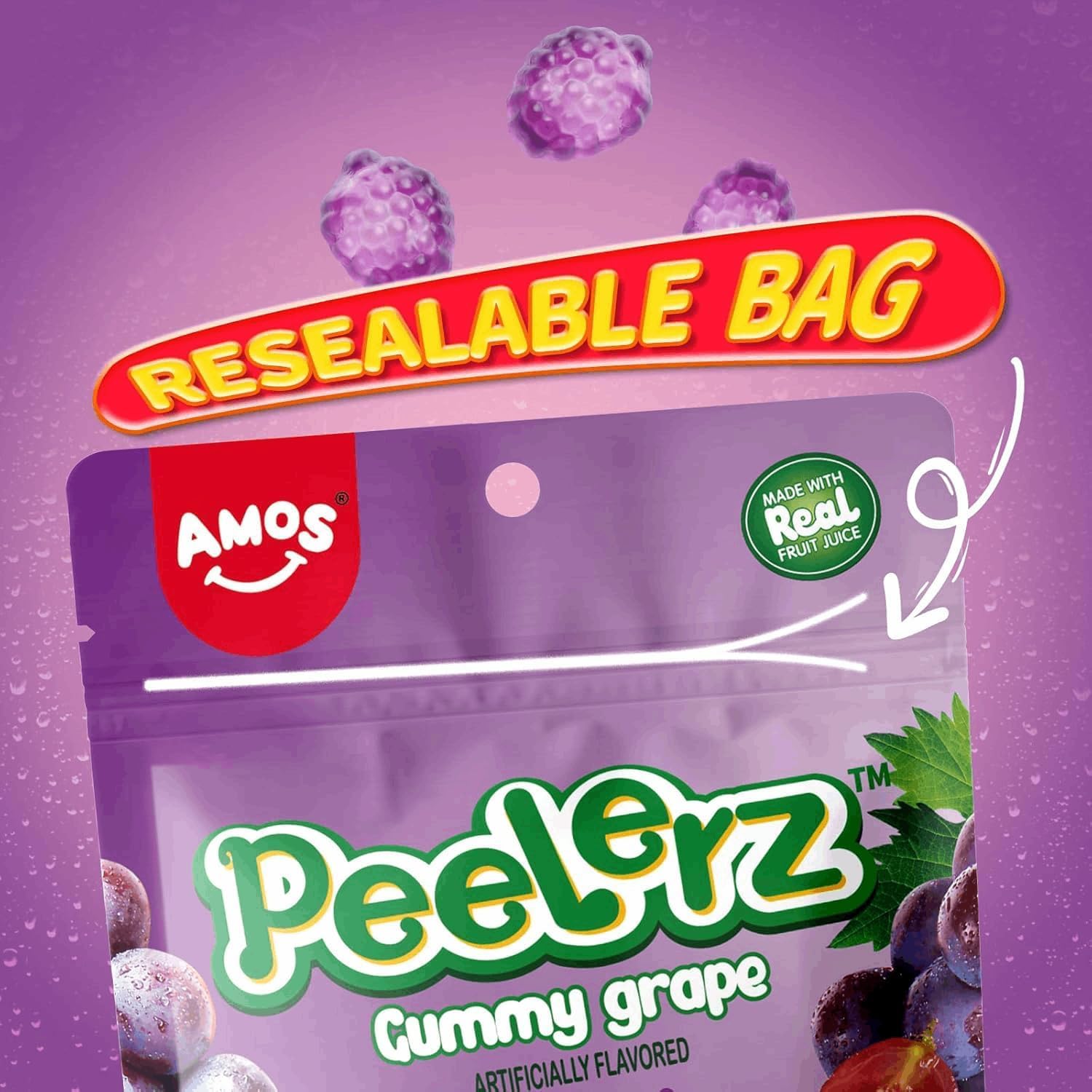 Amos Peelerz Gummy Peeling Candy - Assorted Fruit Flavors, Peelable Fruit Snacks, Resealable 2.19oz Bags (4 Pack) - Perfect for Lunchboxes, Party Favors & On-the-Go Snacking