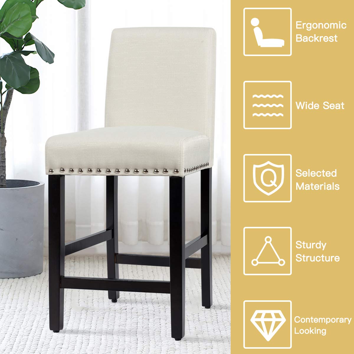 S AFSTAR Set of 4 Mid Century Modern Dining Chairs - Upholstered Fabric Counter Height Stools with High Resilience Sponge Seat & Rubber Wood Legs for Kitchen, Bar, Dining Room - Beige (4-Piece Set) - Perfect for Breakfast Nooks, Kitchen Islands and Small Space Dining