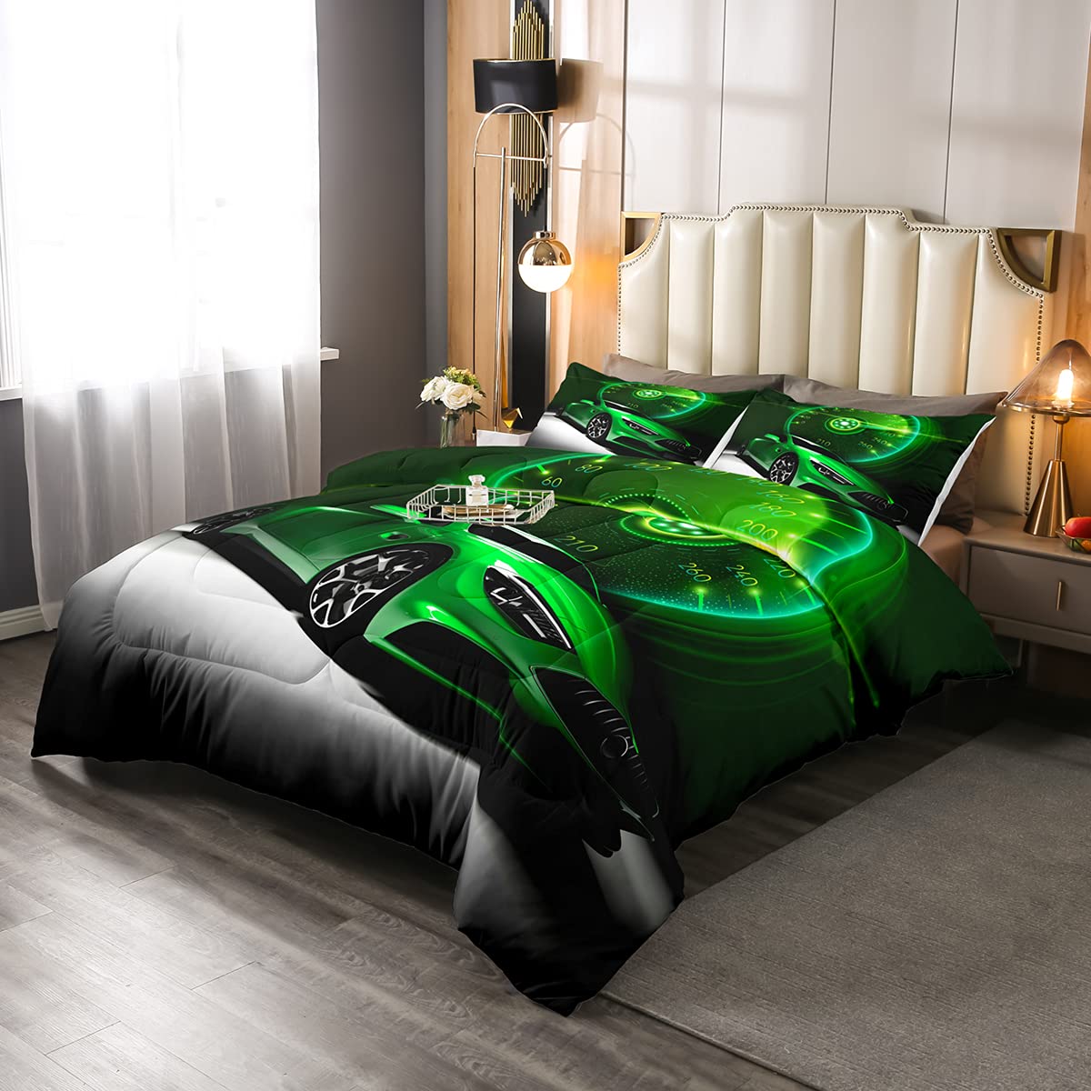 Green Race Car Comforter Set Queen Size - Sports Car Bedding with 1 Comforter & 2 Pillow Shams for Boys Room, Kids Bedroom Decor, NASCAR Themed Bedding
