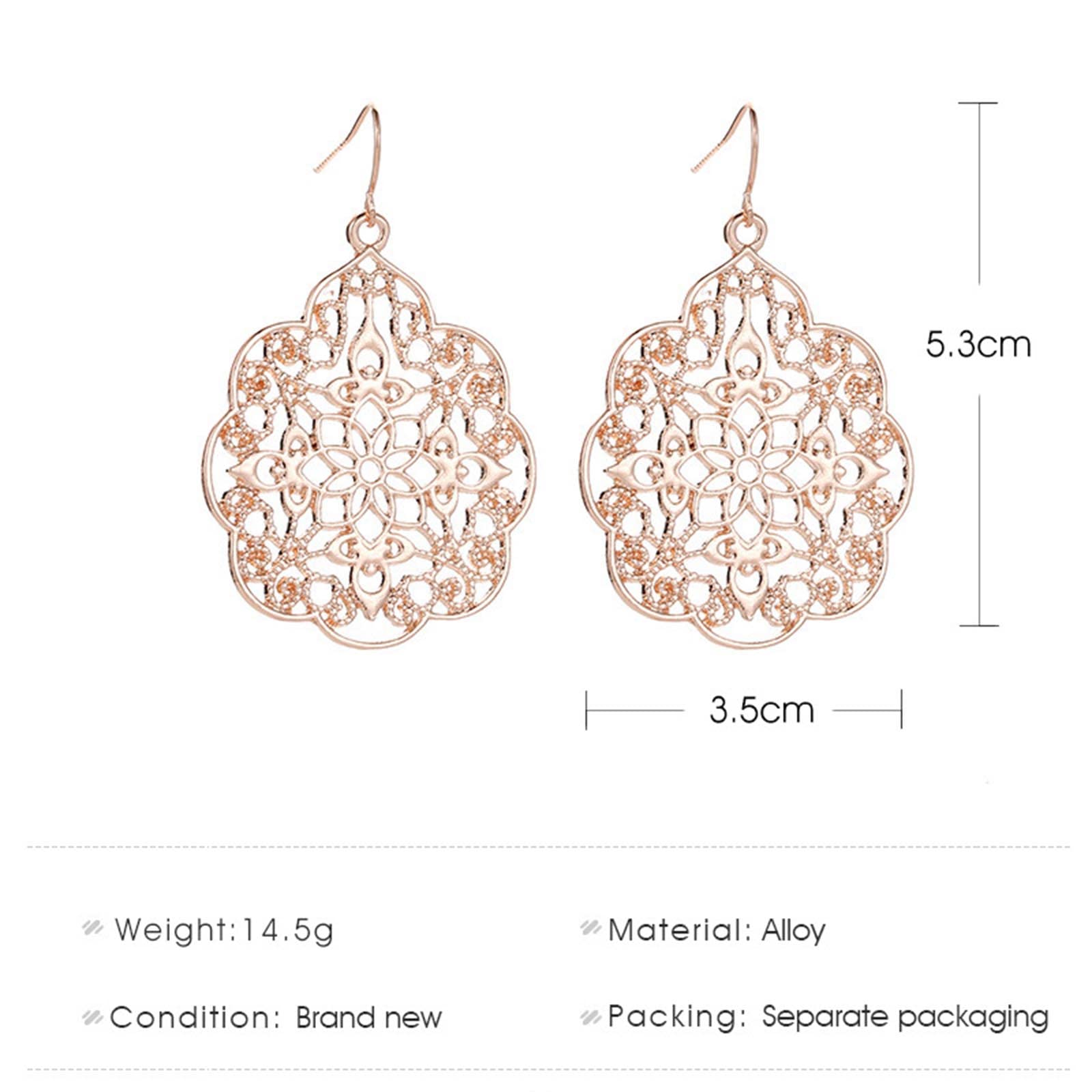Boho Large Filigree Hoop Drop Dangle Earrings - Vintage Tribal Hollow Carved Rose Gold Gypsy Geometric Floral Statement Jewelry for Women | Wedding, Prom, Party, Festival & Everyday Wear