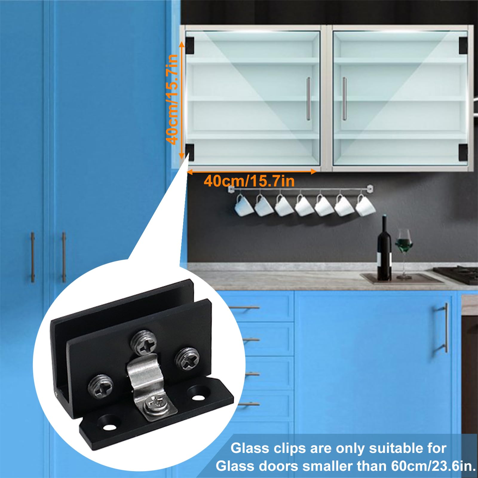 AWEN 2 Pack Black Glass Door Hinges for Cupboard, Showcase & Wine Cabinet - Heavy Duty Replacement Hinges with Clamp - Perfect for Kitchen Cabinets, Display Cases and Bar Furniture