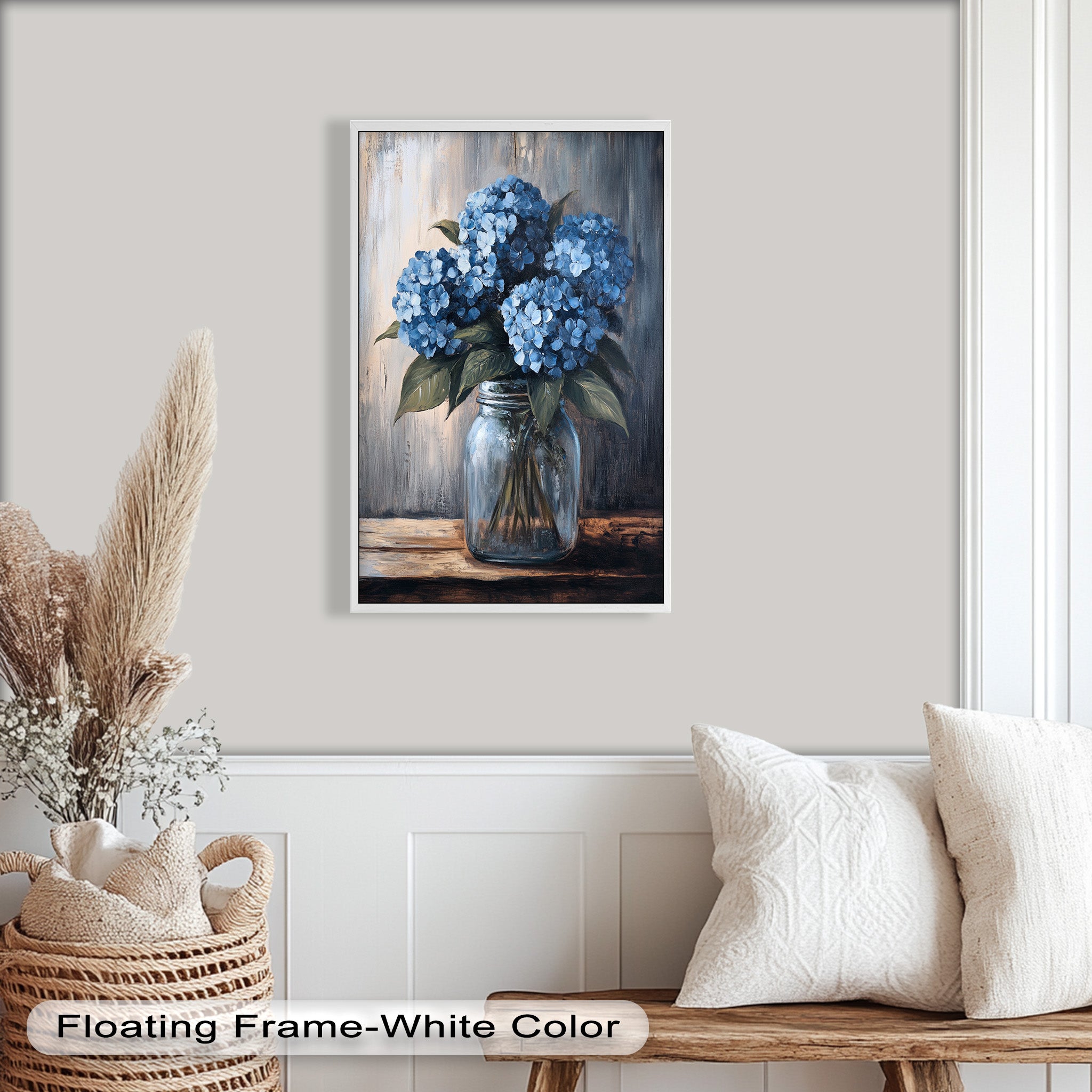 Blue Serenity Hydrangea Blooms in Mason Jar - Floral Oil Painting Wall Art for Home Decor, Living Room, Bedroom & Office | Handmade Canvas Artwork