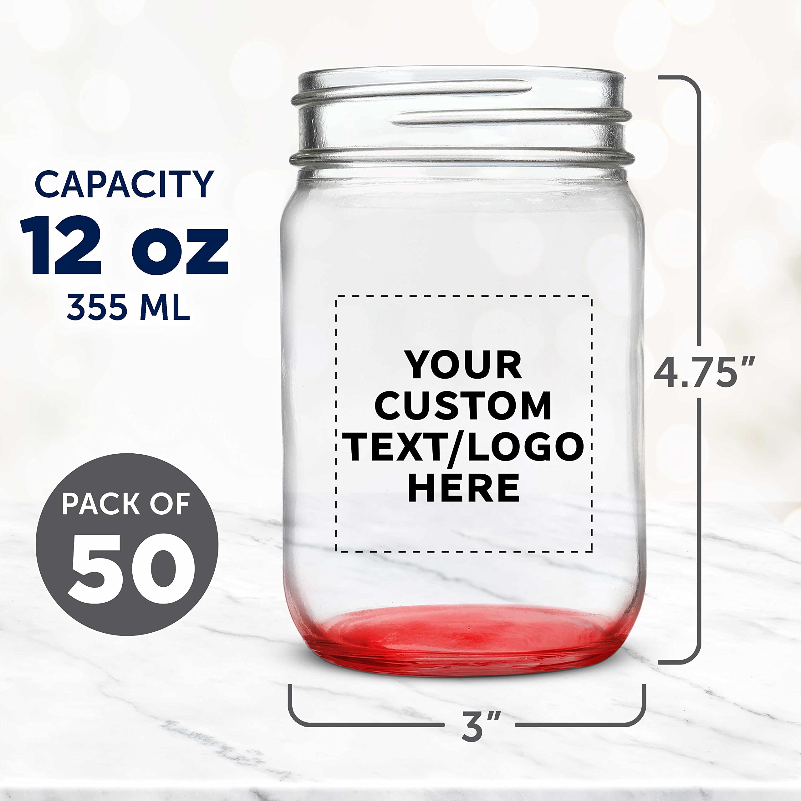 50 Pack 12 oz Custom Mason Jars Bulk Set - Personalized Glass Jars for Overnight Oats, Candies, Fruits, Pickles, Spices & Beverages - Red - Perfect for DIY Crafts, Wedding Favors, Party Decor & Kitchen Storage