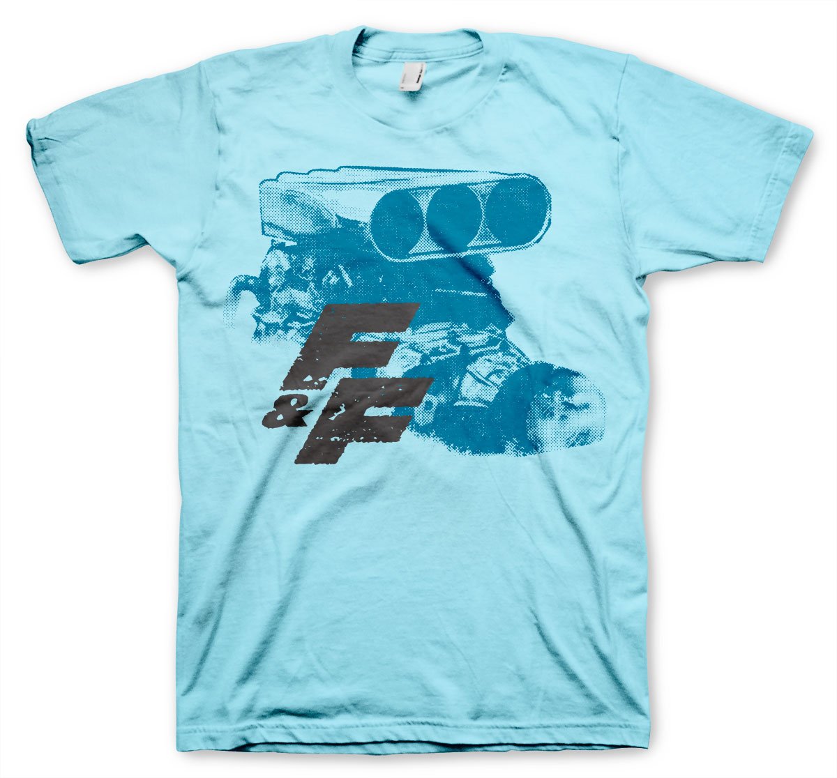 Fast & Furious Officially Licensed Engine Graphic T-Shirt for Men - Sky Blue - Movie Fan Apparel for Casual Wear & Car Enthusiast Gifts