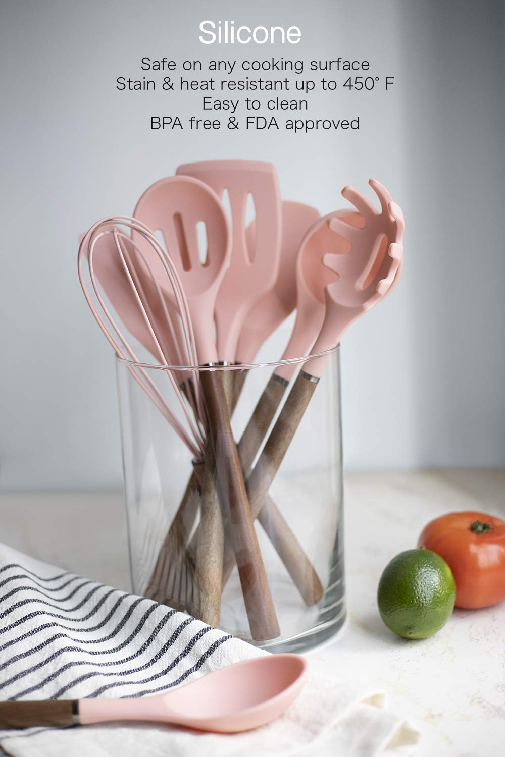 Non-Stick Silicone Cooking Utensil Set with Wood Handles - 8-Piece Kitchen Tool Collection for Baking, Frying & Mixing - Heat Resistant & Dishwasher Safe - Perfect for Home Chefs & Gift Giving (Pink)