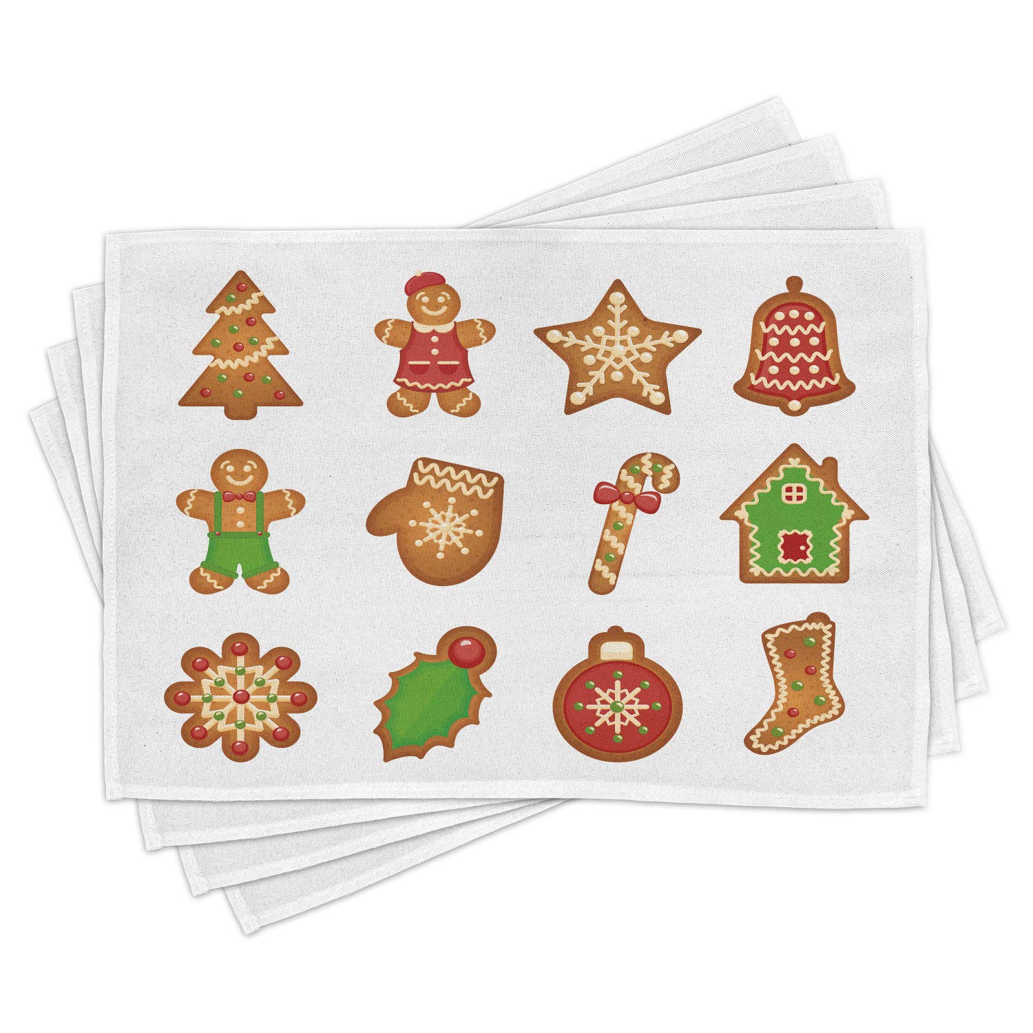 Ambesonne Gingerbread Man Place Mats Set of 4 - Festive Holiday Table Decor with Various Cookie Shapes, Washable Fabric Placemats for Dining Room & Kitchen - Perfect for Christmas Parties, Family Gatherings & Cozy Winter Meals (Pale Brown Green Red)