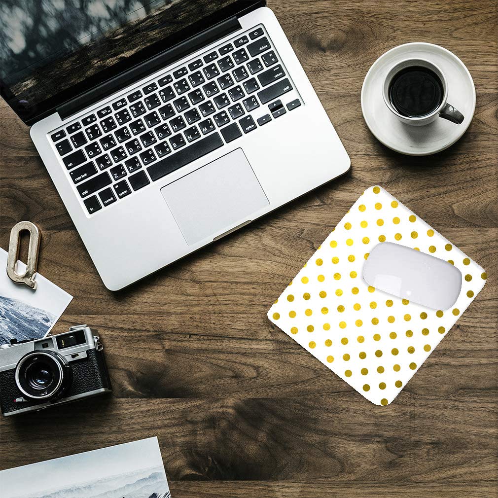 Modern Gold Leaf Metallic Faux Foil Small Polka Dot White Mouse Pad 9.5 x 7.9 Inch - Non-Slip Office & Gaming Desk Accessory for Computer, Laptop, Home and Workstation Use