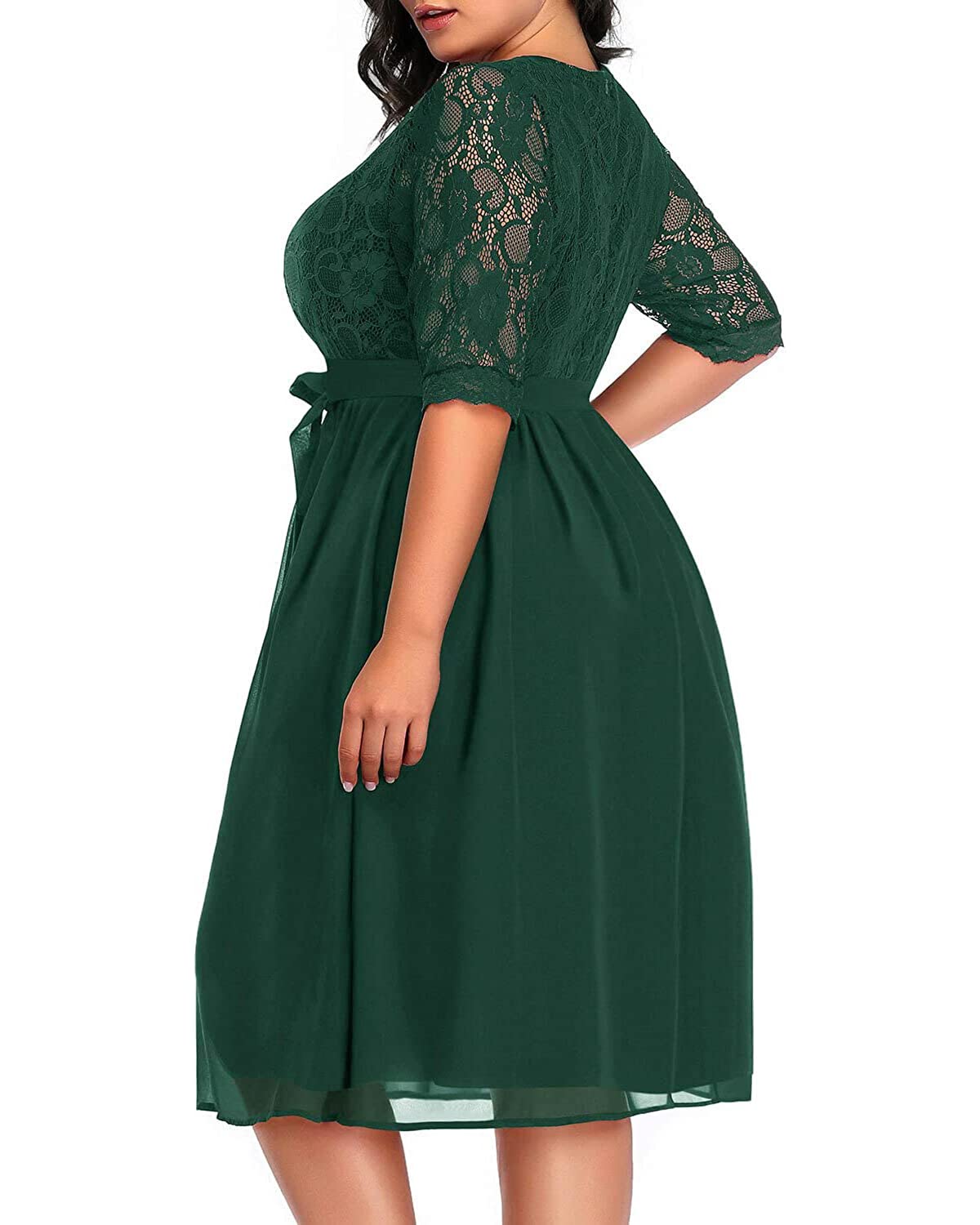 Plus Size Lace Chiffon Wrap V-Neck Midi Dress for Women | Pinup Fashion Cocktail & Wedding Guest Dress | Perfect for Parties, Bridal Showers & Special Occasions