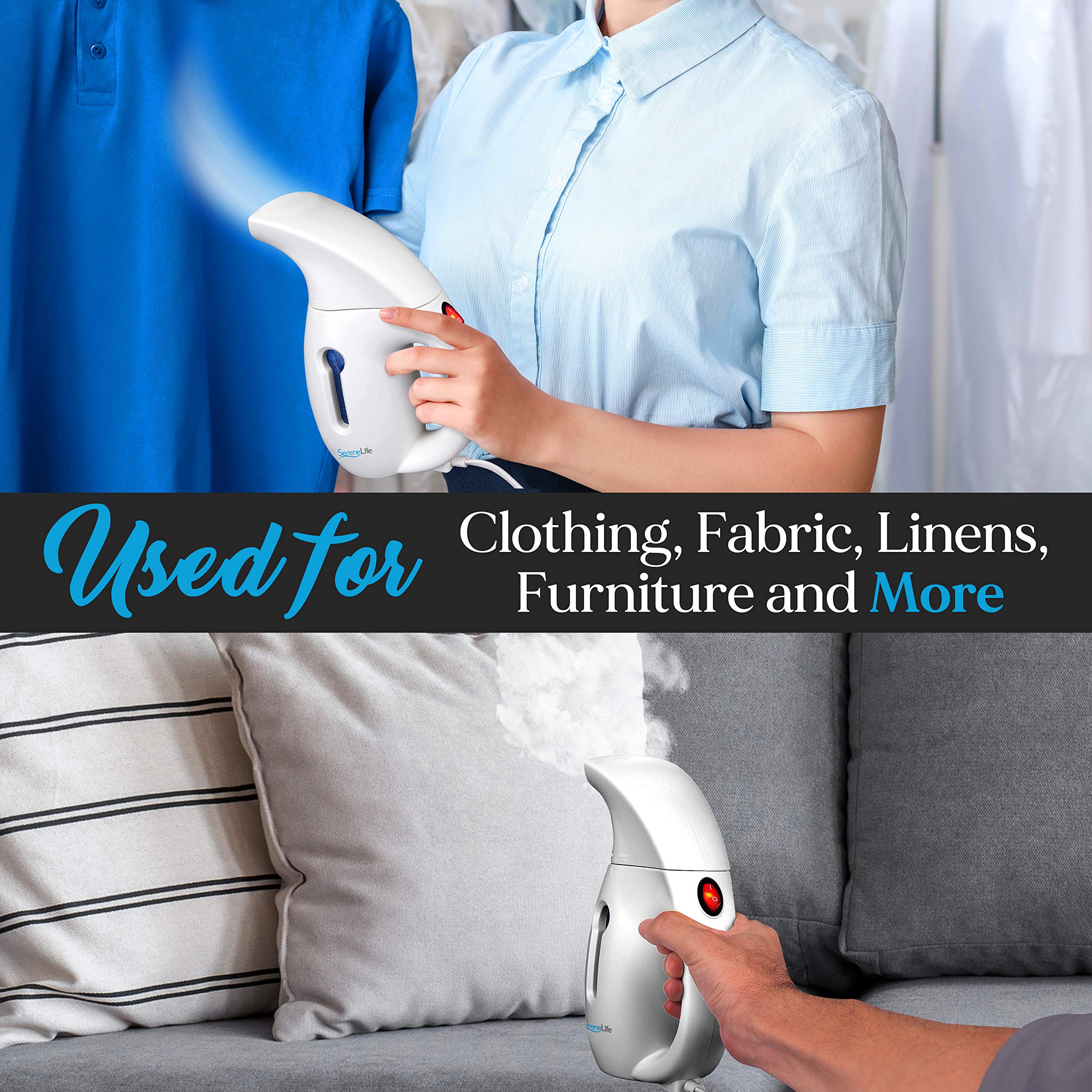 SereneLife Portable Handheld Fabric Steamer - 180ml Compact Lightweight Travel Steamer for Clothes, Curtains & Furniture | Quick Wrinkle Remover | Perfect for Home, Travel & Office Use