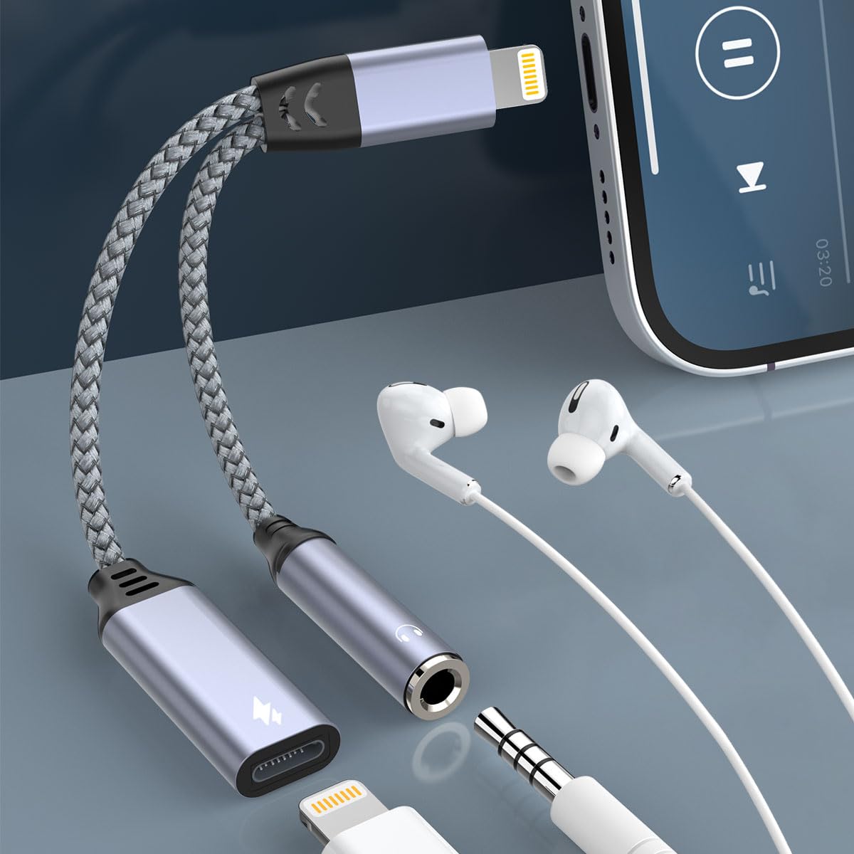 2-in-1 Lightning to 3.5mm Audio Adapter & Charger for iPhone 14/13/12/11/X/8 - HiFi Stereo Sound with Mic & Volume Control - Compatible with Headphones, Earphones, Car Audio (Perfect for Music, Gaming & Hands-Free Calls)