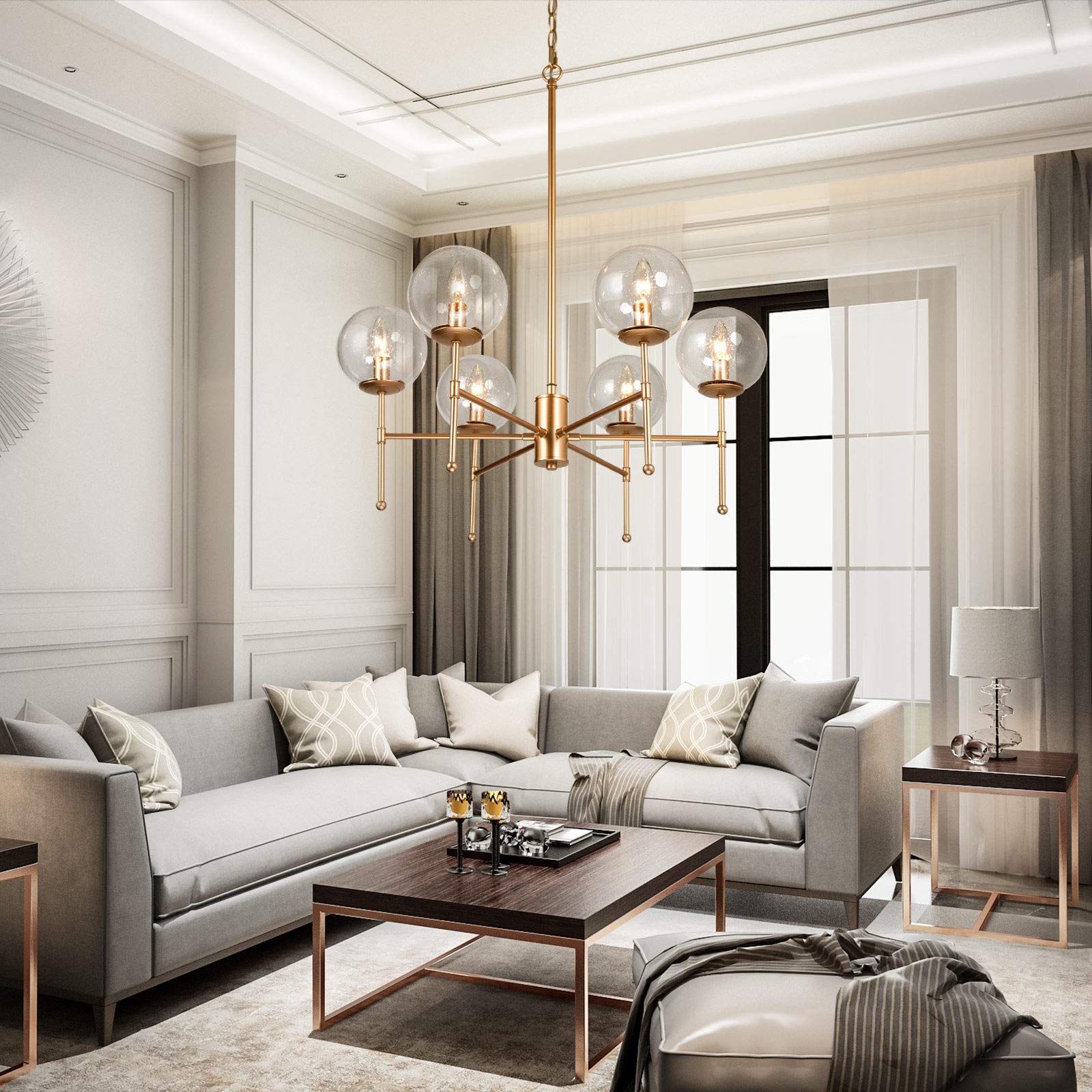 6-Light Gold Globe Chandelier with Seeded Glass Shades - 26'' W x 29.5'' H Modern Pendant Lighting for Dining Room, Living Room & Bedroom | Elegant Ceiling Light Fixture for Home Decor, Wedding & Restaurant Ambiance