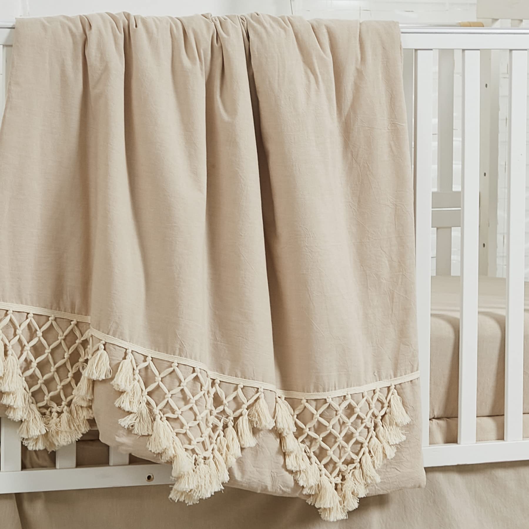 Brandream Unisex Bohemian Baby Crib Bedding Set - 6 Piece Beige Farmhouse Nursery Set with Tassel Fringe, 100% Washed Cotton - Perfect for Neutral Nursery, Gender Reveal, and Minimalist Baby Room Decor