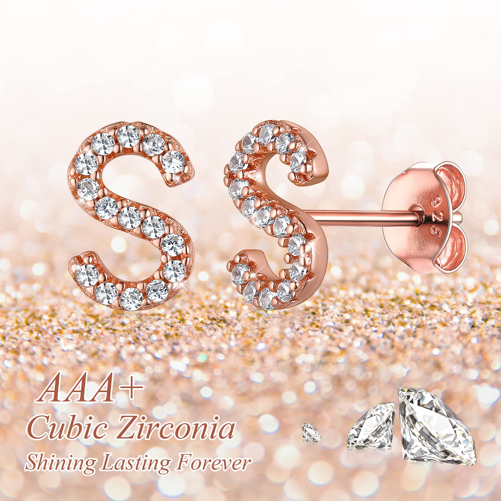 ChicSilver Women's Initial 'S' Earrings - Sterling Silver & Rose Gold Tiny CZ Stud Earrings for Everyday Wear | Personalized Jewelry Gift for Her | Perfect for Casual, Office & Date Nights