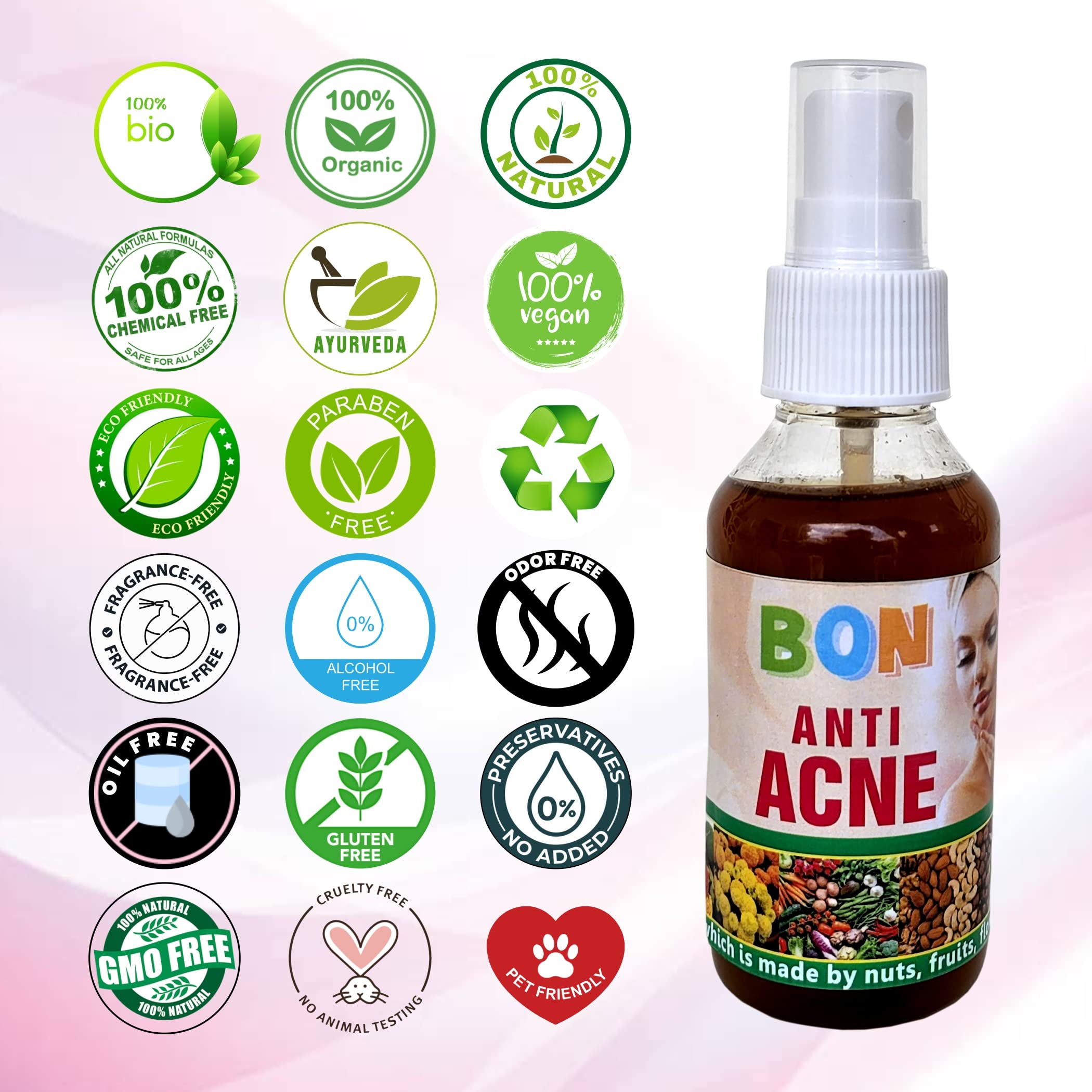 100% BON Bio Organic Natural Anti Acne Treatment - Chemical Free & Fragrance Free for Acne, Blackheads & Whiteheads | Vegan, Safe & Side Effect Free | Perfect for Daily Skincare & Sensitive Skin Care Routine