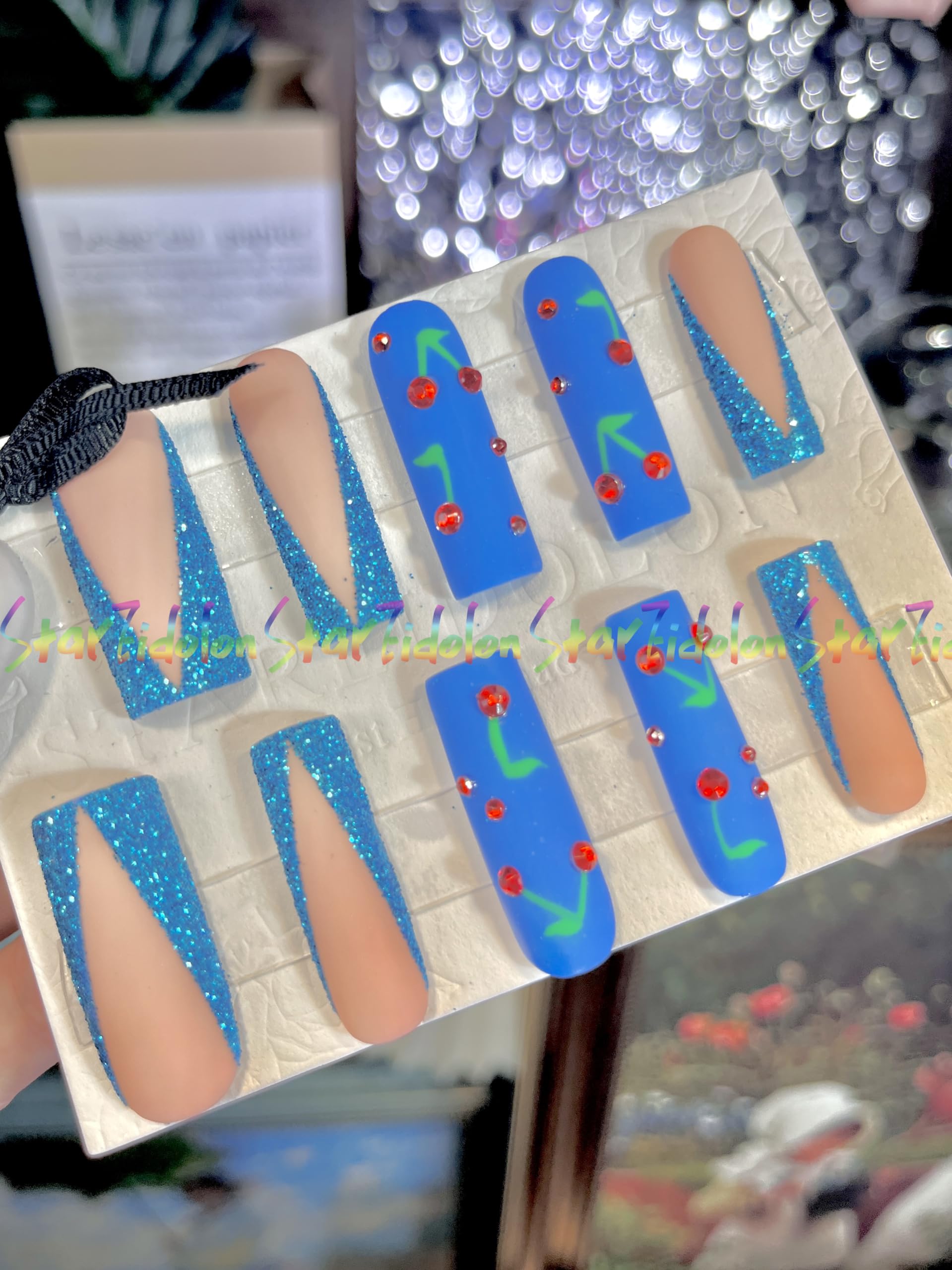 Hand-Painted Blue Square Press-On Nails - Short French Tips & Coffin Fake Nails Kit with Glue | Salon Quality Handmade Medium Press-On Nails for Women | Unique Jelly Nail Art Set | Perfect for Parties, Weddings & Everyday Wear (Custom Style 33)