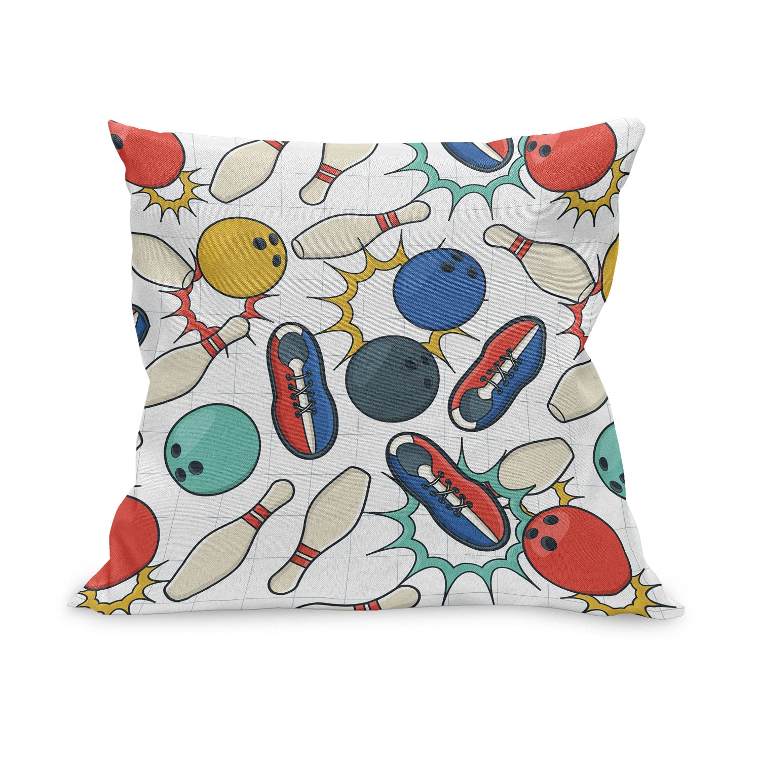 Ambesonne Bowling Themed Throw Pillow Cover - 20x20 Inch Retro Doodle Design with Ball, Pins & Shoes - Decorative Square Cushion Case for Living Room, Bedroom, Game Room Decor - Multicolor