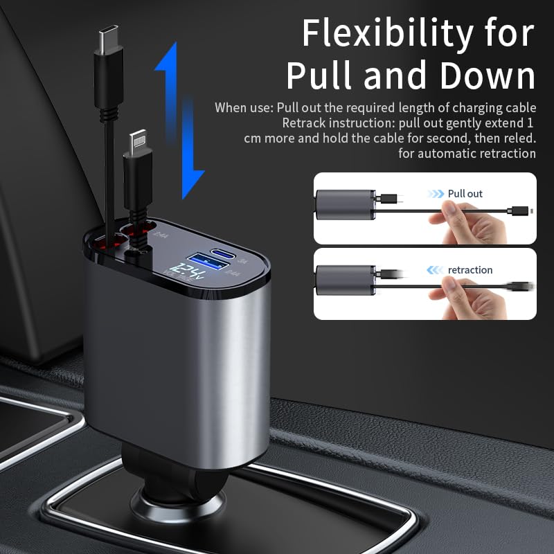 60W 4-in-1 Retractable USB C Car Charger with 2.6Ft Cables & Dual USB Ports - Fast Charging for iPhone 16/15/14/13/12/11 Pro Max/XS MAX, iPad, Galaxy S25 Ultra/S25+ - Perfect for Road Trips & Daily Commutes