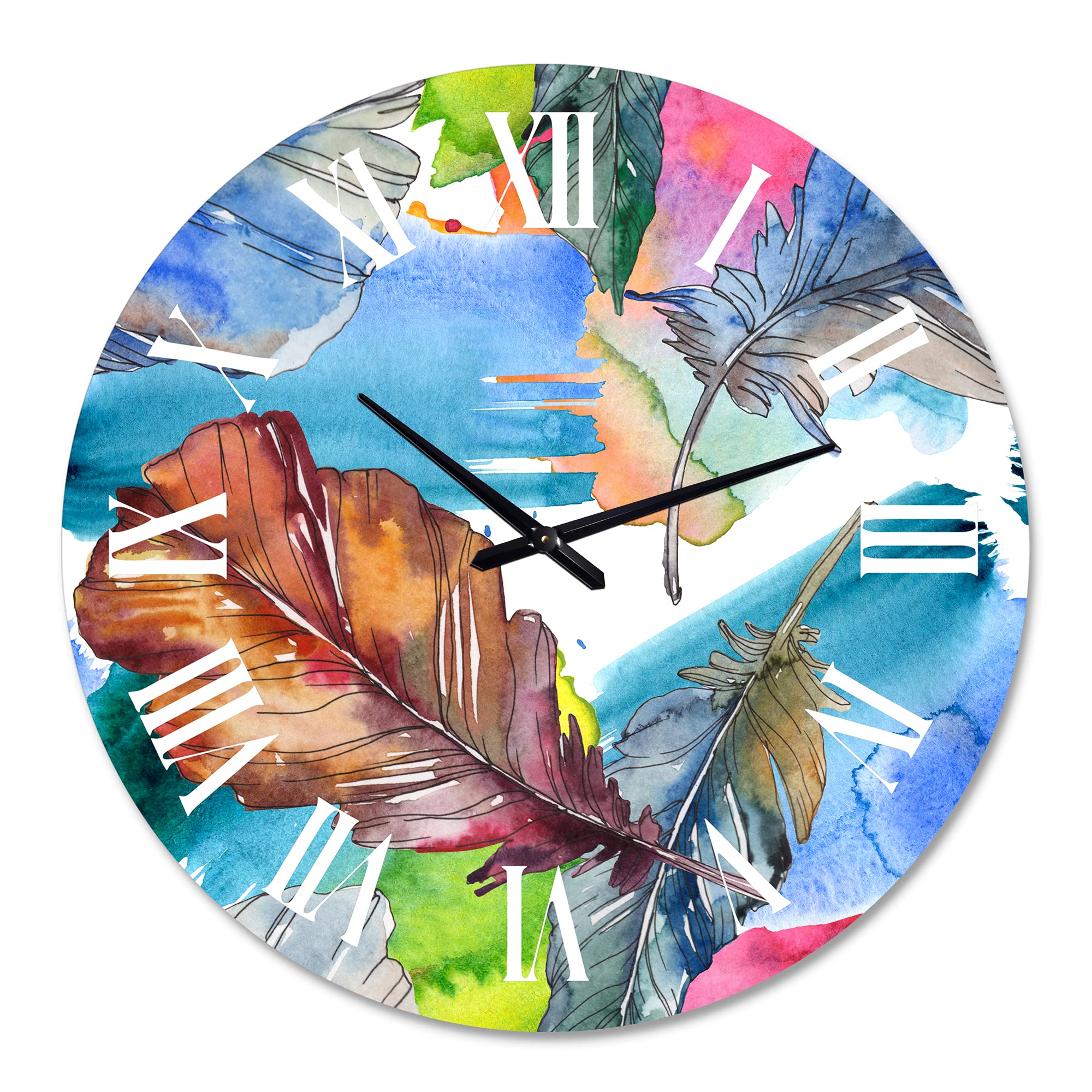 DesignQ Traditional Large Wall Clock - Blue & Pink Bird Feather Animal Theme for Living Room, Bedroom, Office Decor | Silent Non-Ticking Modern Home Wall Art