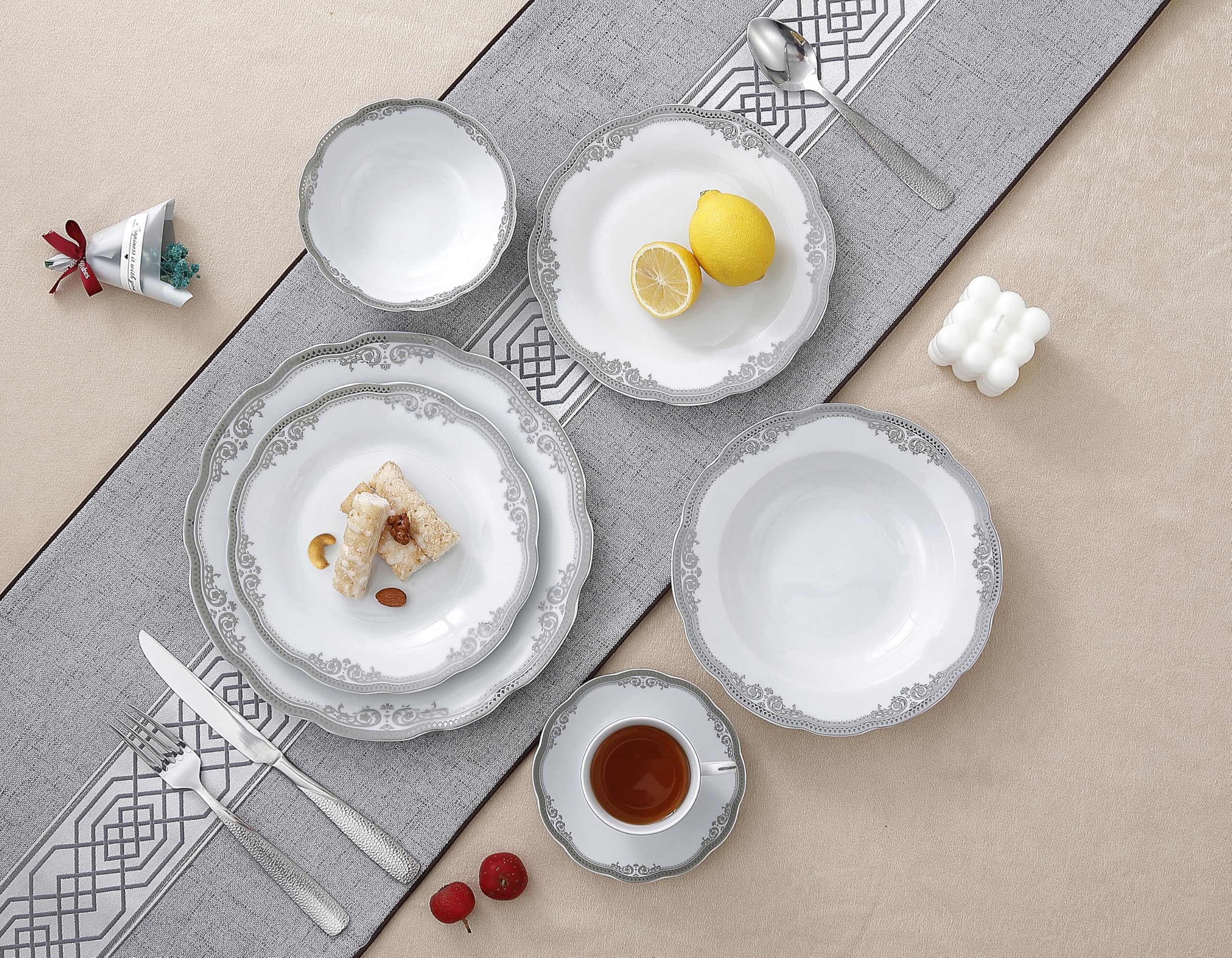 Lorren Home Trends 24-Piece Elizabeth Design Porcelain Dinnerware Set with Wavy Edge - White Elegant Tableware for Fine Dining, Dinner Parties & Home Decor