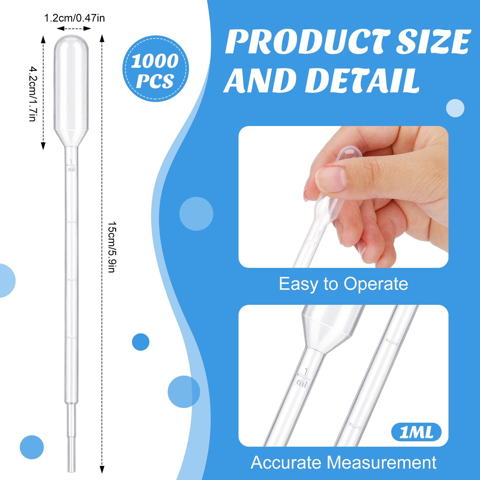Kingdder 1000 Pcs Disposable Graduated Plastic Transfer Pipettes - 1ml for Scientific Experiments, Essential Oils, DIY Beauty & Makeup Tools | Perfect for Lab Work, Aromatherapy, Skincare Mixing & Craft Projects