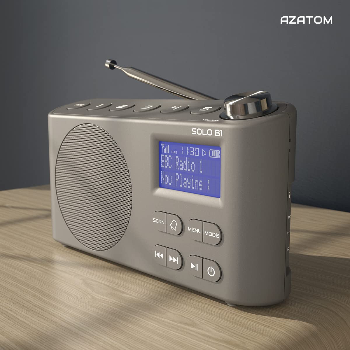 AZATOM Solo B1 Grey Portable DAB/DAB+ Digital Radio with Bluetooth - Rechargeable Battery, Dual Alarm, 80 Presets, AUX & Headphone Jack - Perfect for Home, Office, Travel & Outdoor Use
