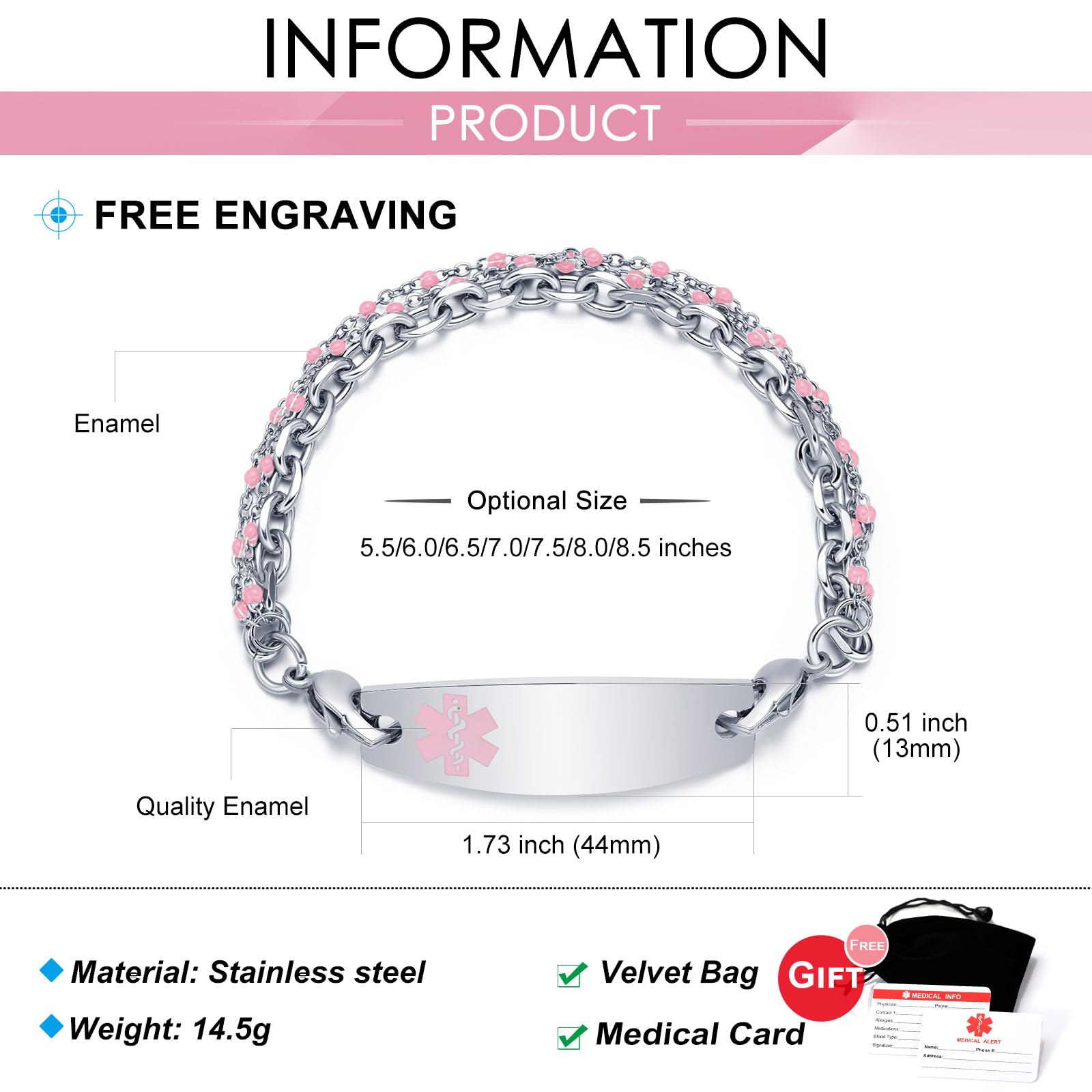 Custom Medical Alert Bracelet for Women - Free Engraving Stainless Steel Medical ID Bracelet with 3-Layer Chain (5.5-8.5 Inch Adjustable) - Perfect for Emergency Health Identification & Daily Wear