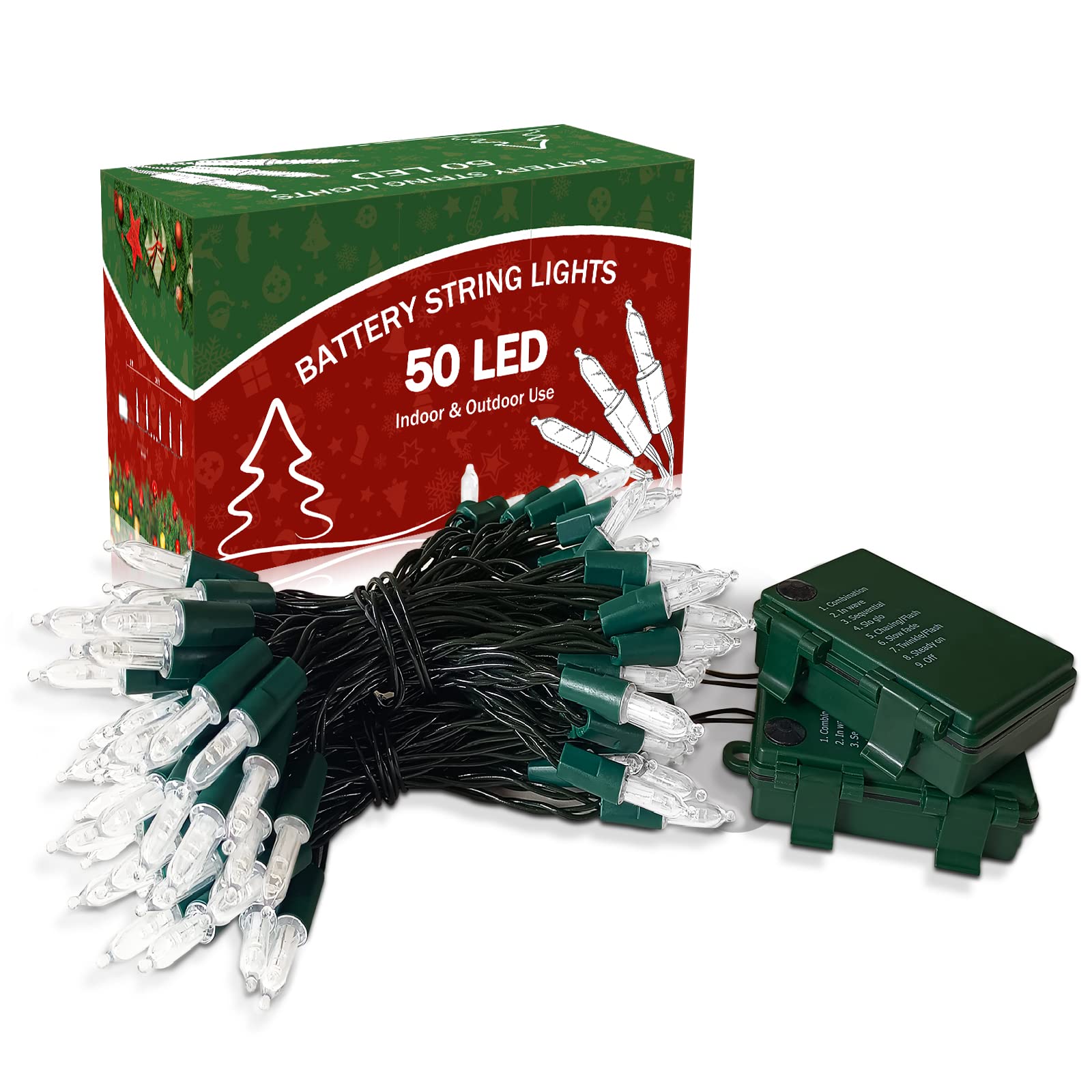 KOUQIYA 2 Pack Battery Operated Christmas Lights - 17ft 50 LED Mini String Lights with Auto-Timer & 8 Lighting Modes, Waterproof for Indoor/Outdoor Holiday Decor (Cool White) - Perfect for Christmas Trees, Party, Wedding, Garden, and Home Decoration