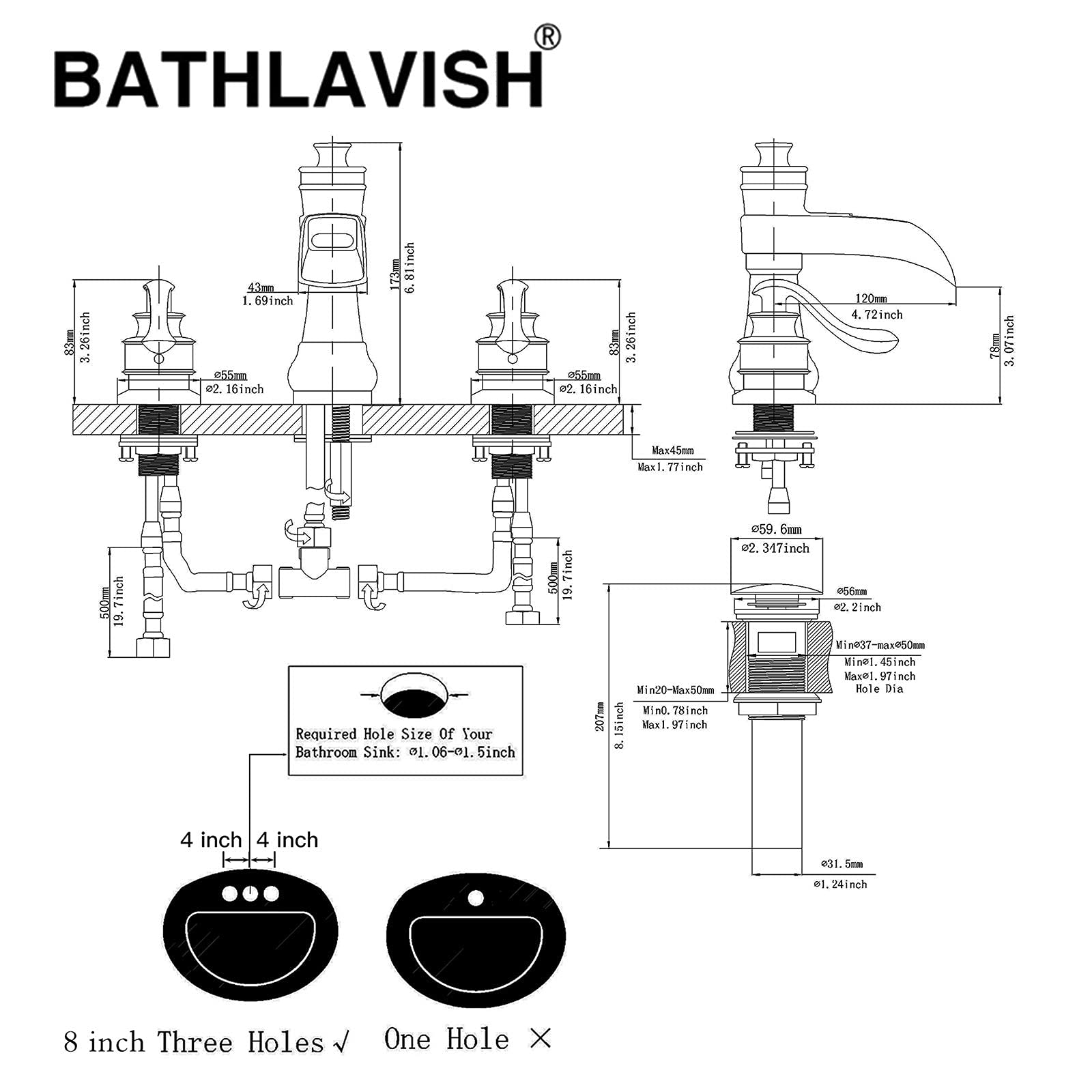BATHLAVISH Matte Black Widespread Bathroom Faucet Set - 3 Hole 2 Handle Waterfall Farmhouse Sink Faucet with Pop Up Drain Assembly | Modern Vanity Bathroom Upgrade for Home & Hotel Renovation