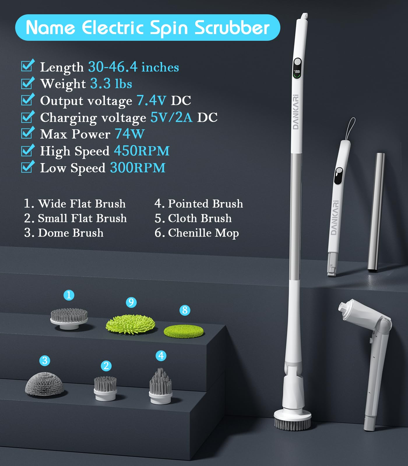 ZUAIAI Cordless Electric Spin Scrubber - 6 Replaceable Brush Heads with LED Display & 2 Speed Settings for Bathroom, Kitchen, Tile, Shower Cleaning - Perfect for Deep Cleaning Grout, Tubs, Floors and Hard-to-Reach Areas