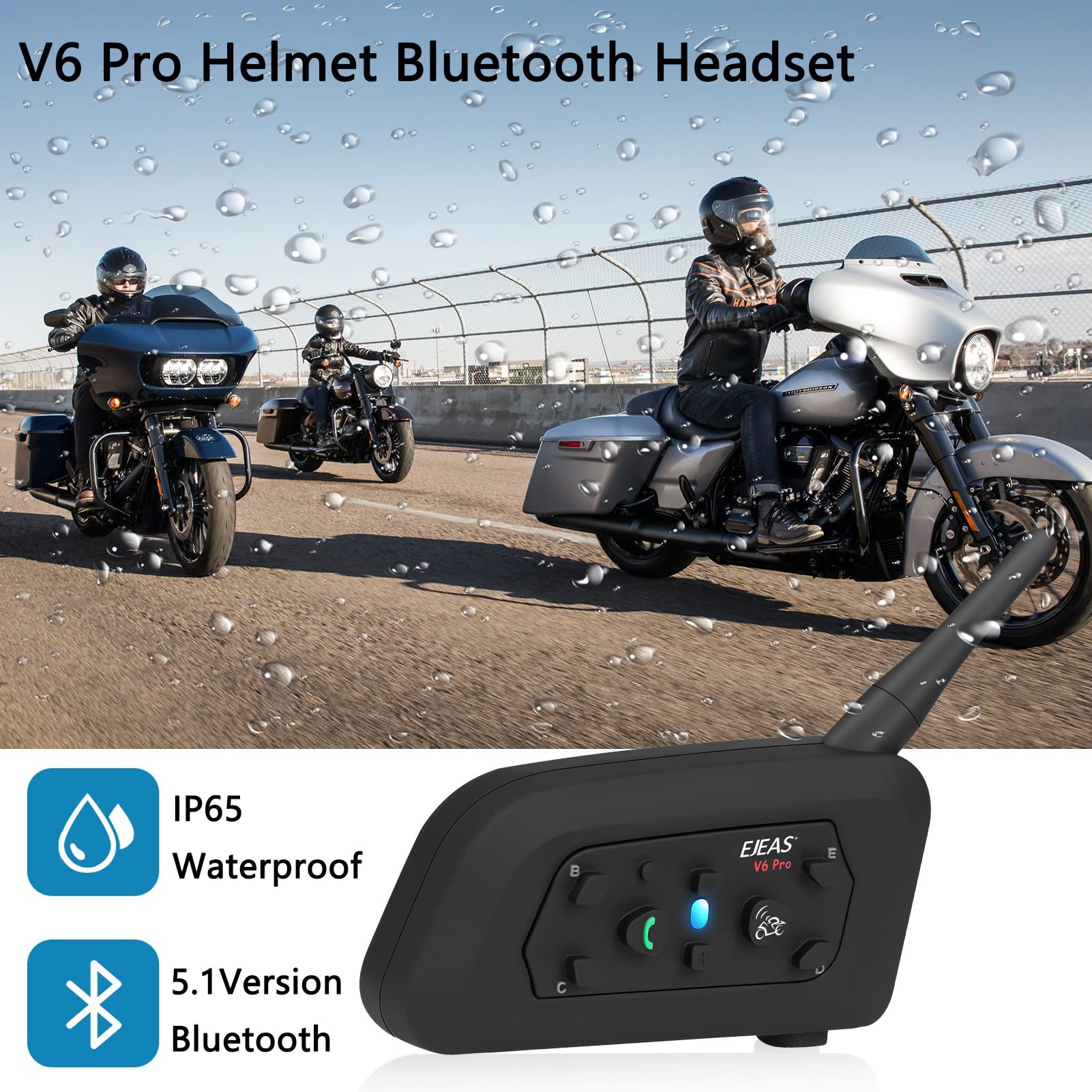 V6 Pro Motorcycle Helmet Bluetooth Intercom Headset - 1200M Range, 2-Person Full Duplex, Wireless Motorbike Communication System (Connect Up to 6 Riders) - Perfect for Motorcycling, Skiing, Climbing & Outdoor Adventures (2 Pack)
