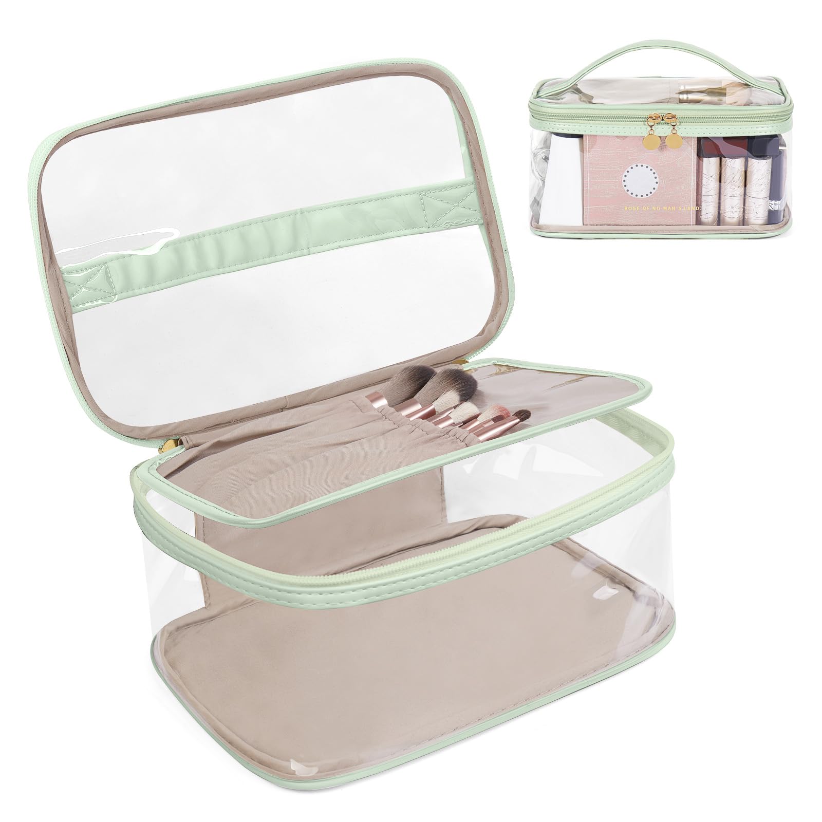 Waterproof Clear Makeup Bag for Women - TSA Approved Travel Cosmetic Organizer with Handle | Portable Toiletry Bag for Cosmetics, Skincare & Travel Essentials | Perfect for Airports, Gym & Weekend Getaways (Green)